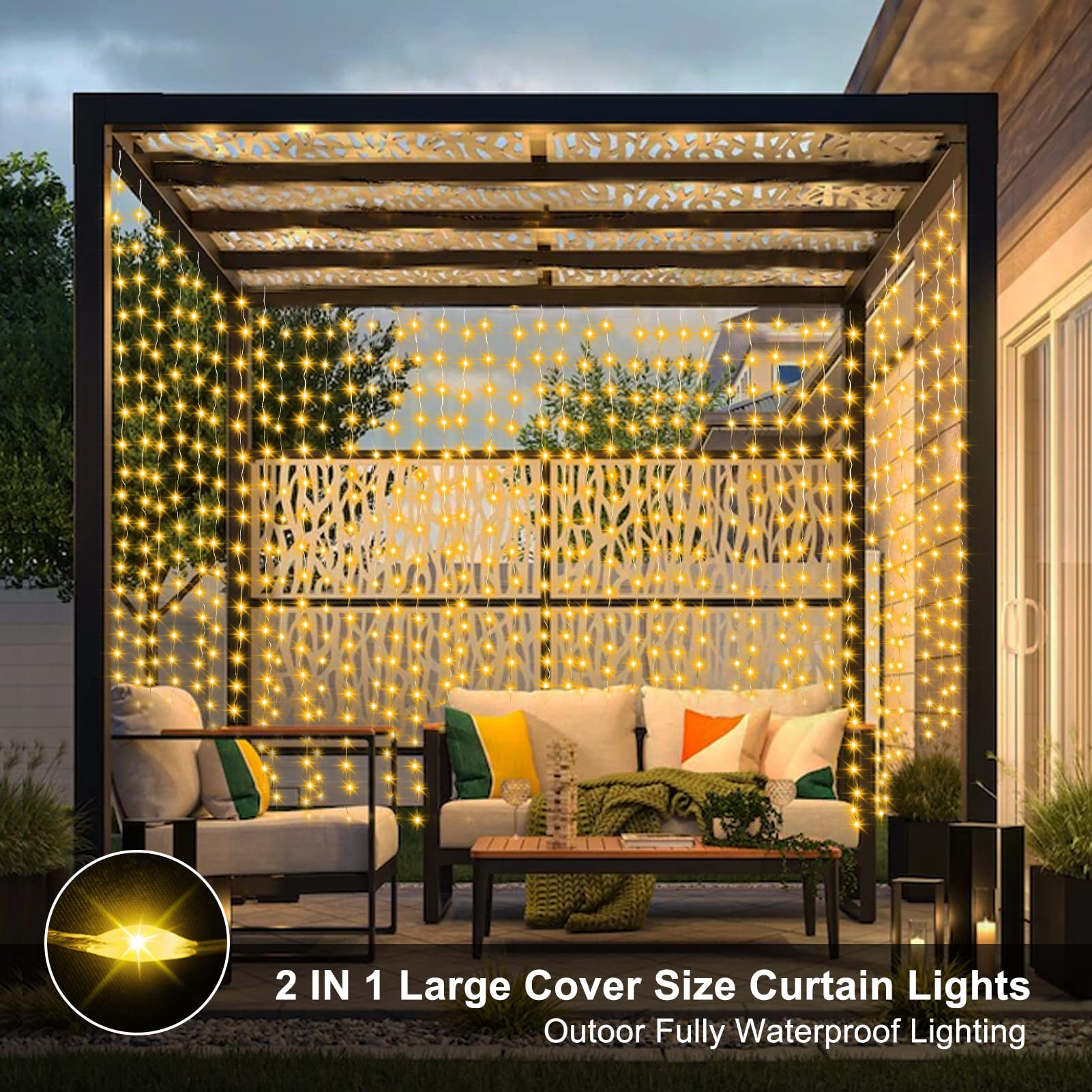 Curtain Lights Battery Operated, 200 Led 6.6Ft X 6.6Ft Dual Color Changing With Remote Timer, Outdoor Curtain Lights Waterproof