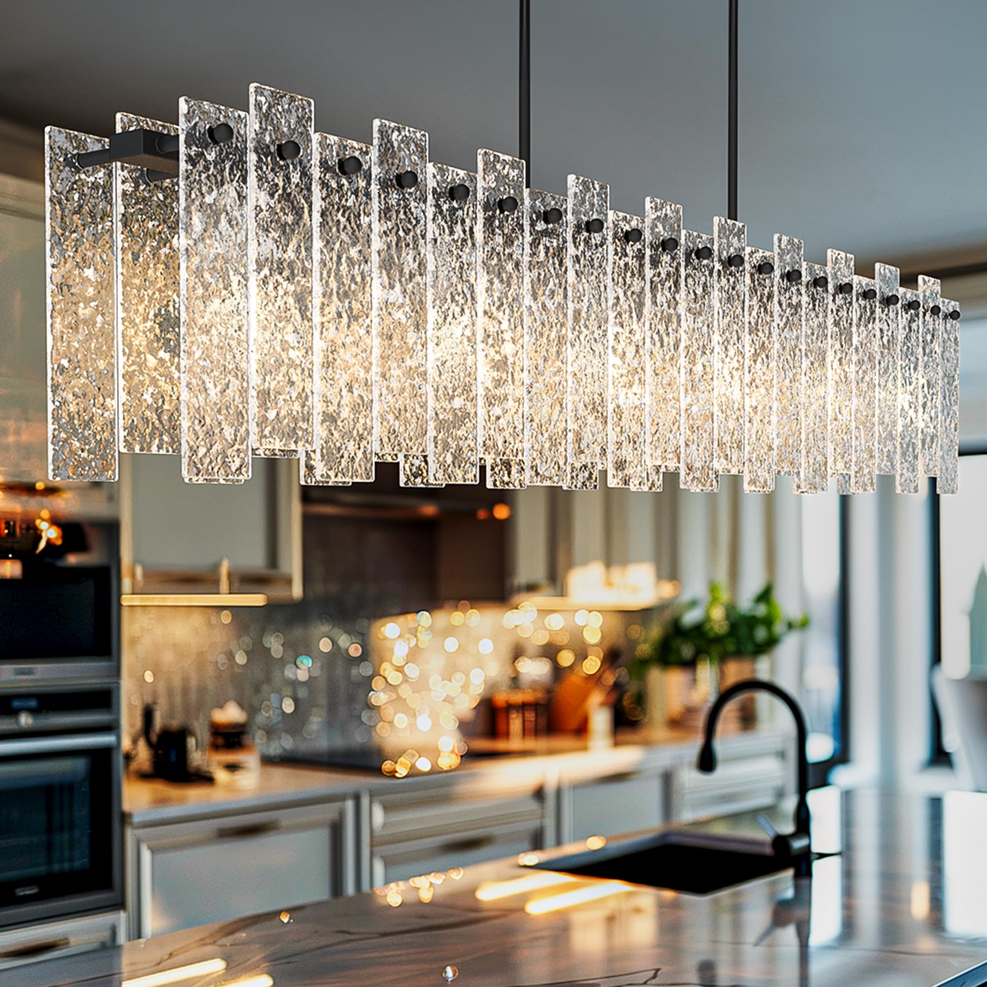 Danshinro 4FT Black Chandelier - Linear Crystal Design with Water Ripple Glass, L22 Model, 6 Bulb Capacity, Ideal for Dining Room