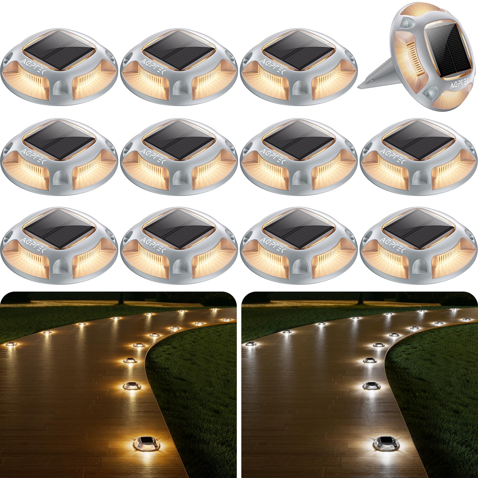AGPTEK Solar Driveway Lights, 12 Pack, Waterproof LED, Warm & White Light, Model SLD1SD, Aluminum