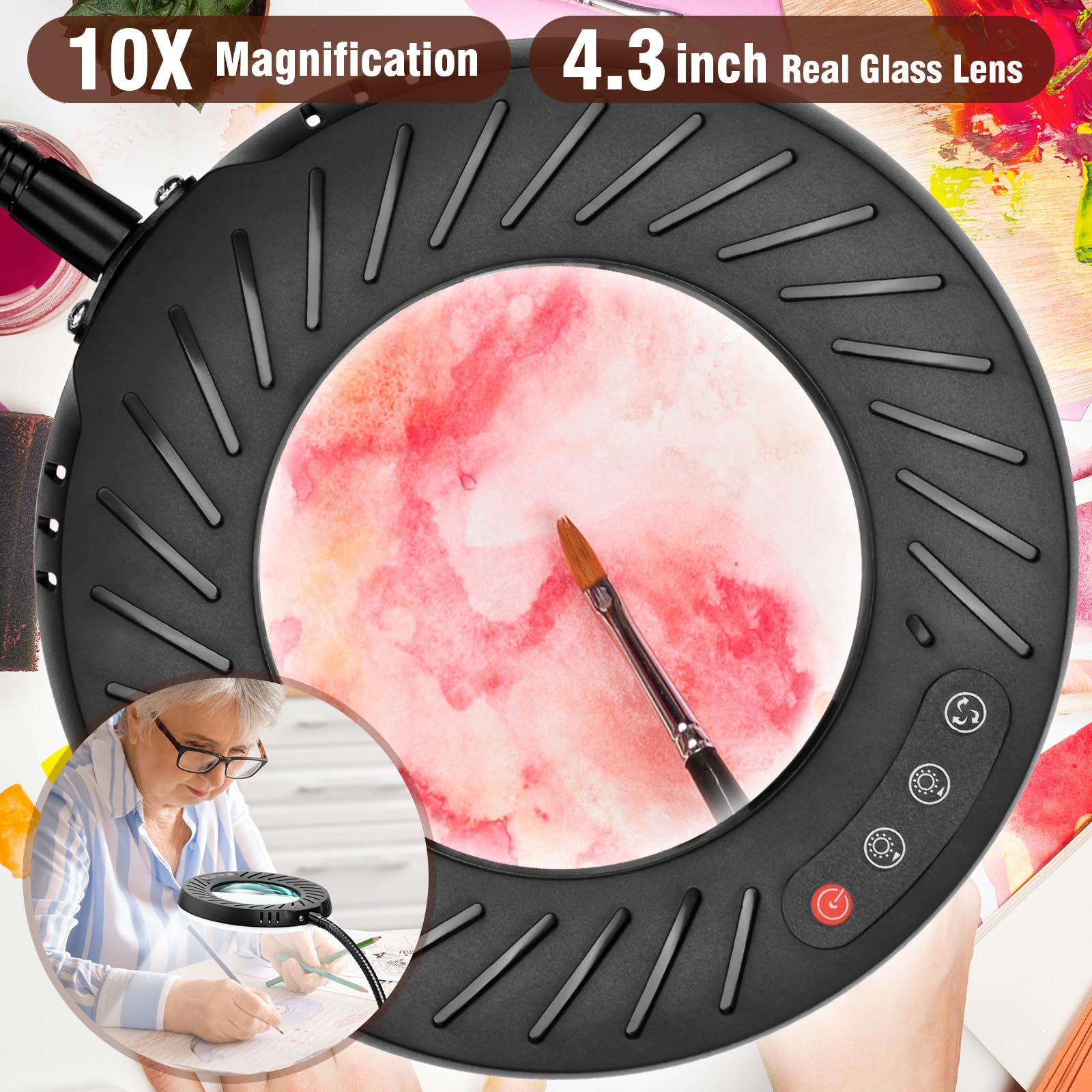 10X Magnifying Glass With Light And Stand, 5 Color Modes Stepless Dimmable Led Desk Lamp, Adjustable Flexible Gooseneck Lighted