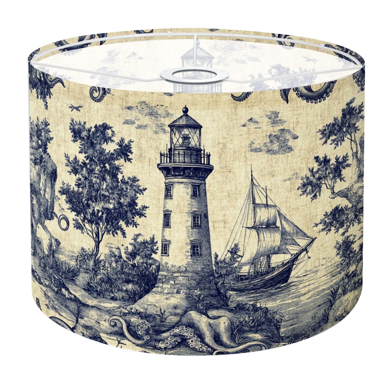 Drum Lamp Shade Blue Deep Sea Toile Lighthouse Sailing Ship Octopus Tentacles Trees Lampshade 8.9x11x11 for Table Lamps Floor La