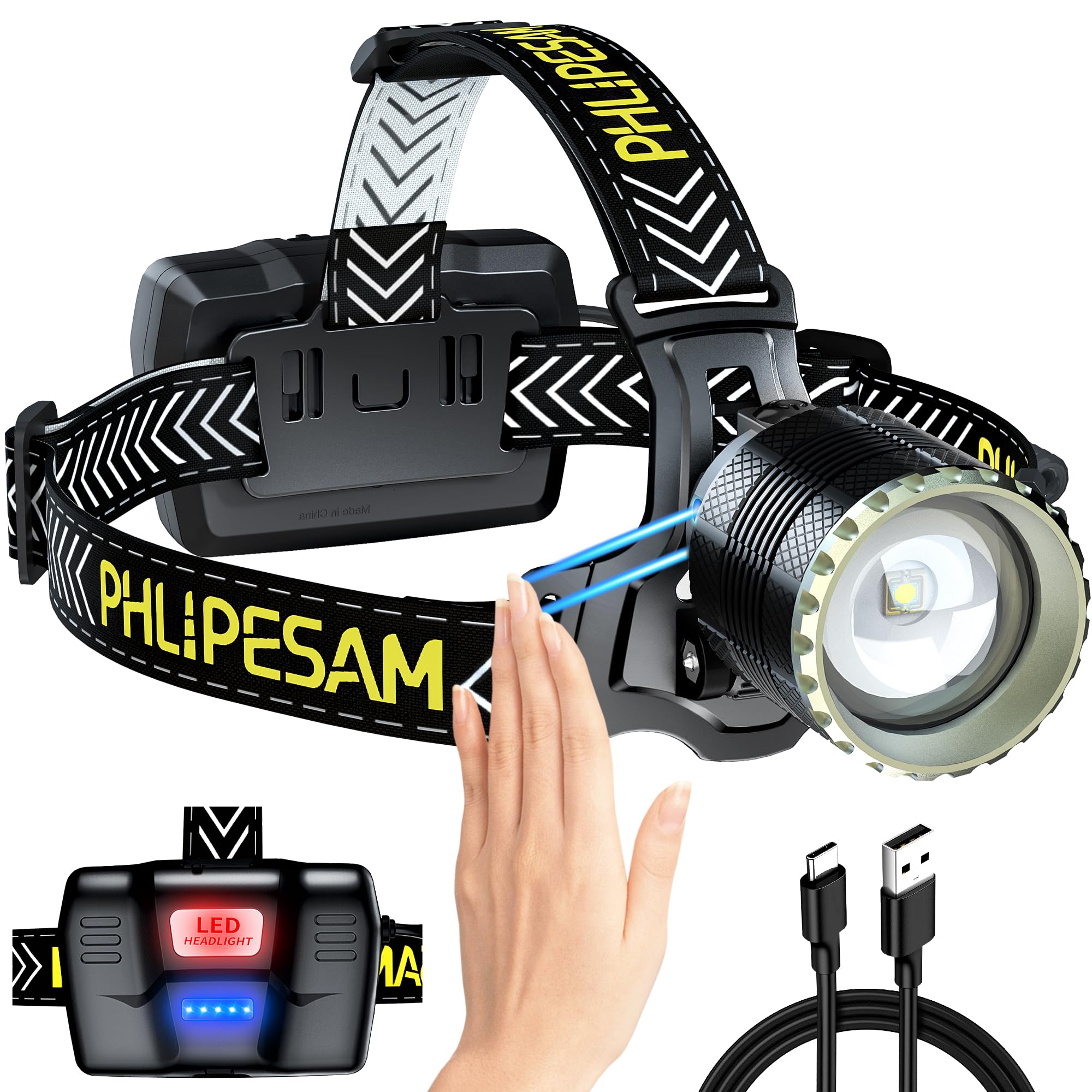 Led Rechargeable Headlamp 150000 Lumen With Motion Sensor, Zoomable Bright Headlamp For Adults, Ip68 Waterproof, 115 Adjustable 