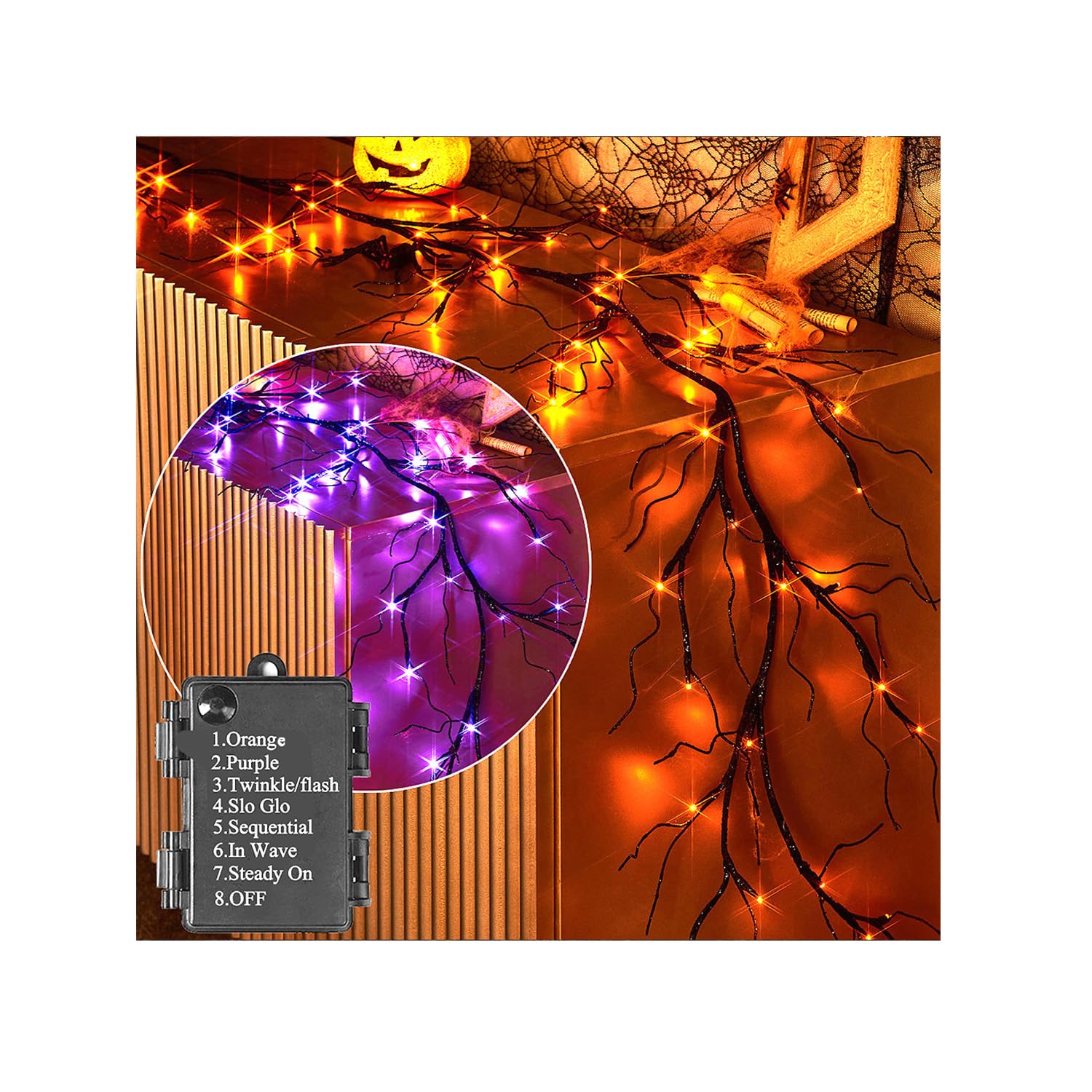 Hairui Lighted Halloween Garland with 48L Orange and Purple Bi-Color LED Lights 8 Functions, Black Glittered Garland Lights Battery Operated 6FT for Indoor Outdoor Halloween Party Decoration