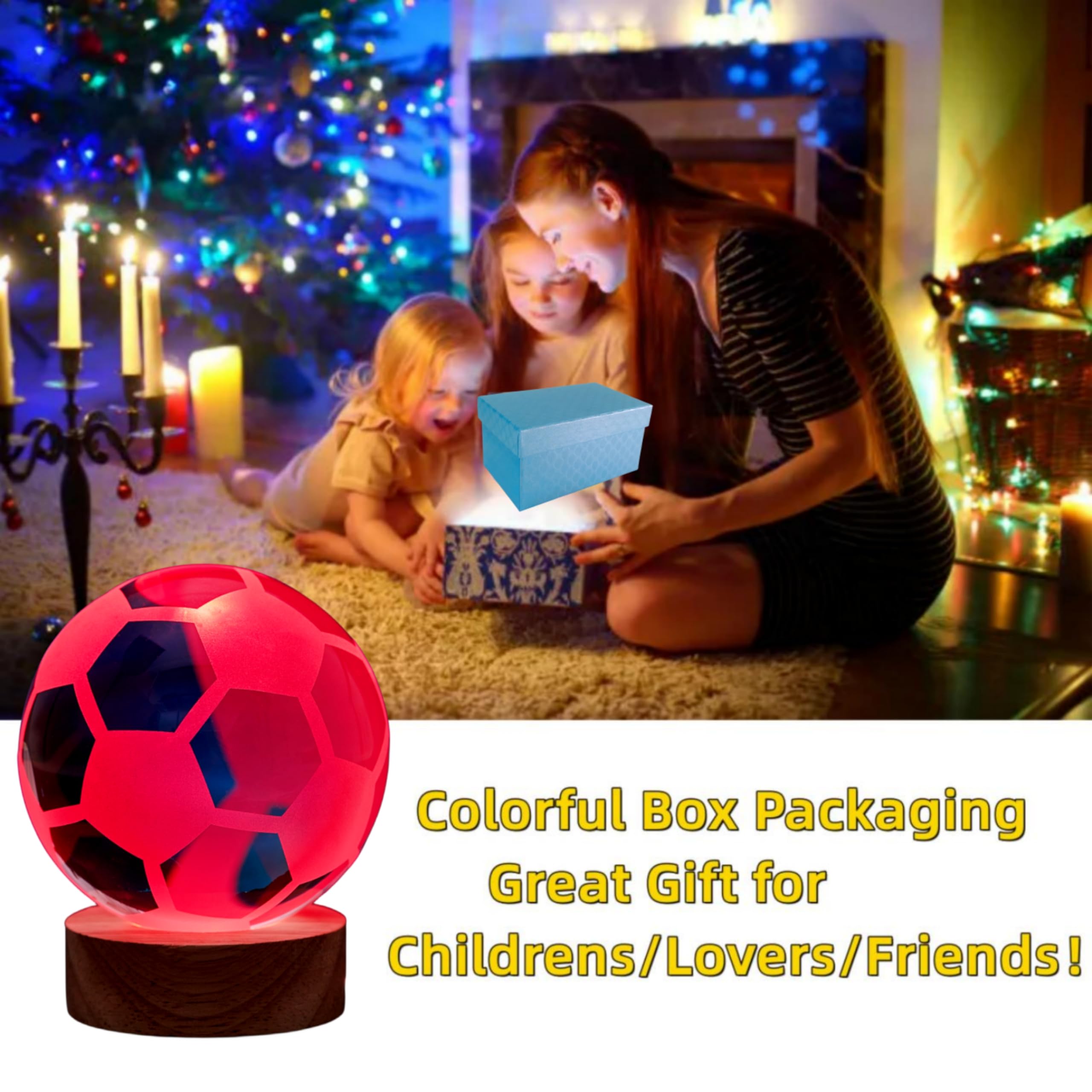 Crystal Ball Lamp, 3.15 Inch Soccer Night Light With 16 Colors Led, Wooden Base, Remote Control, Gift Box Packaging, Decor Footb