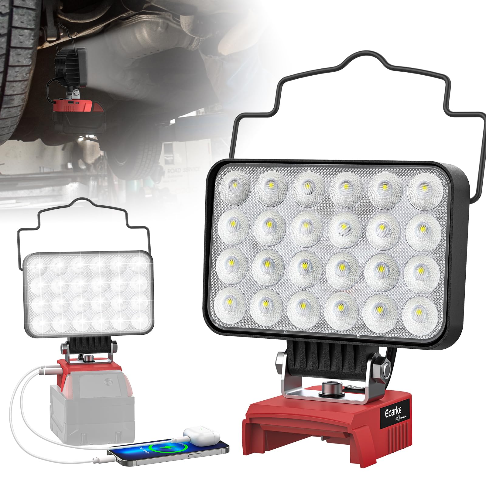 Ecarke LED Work Light, Cordless LED Flood Light for Milwaukee 18V Battery with Low Voltage Protection & USB/TypeC Charging Port