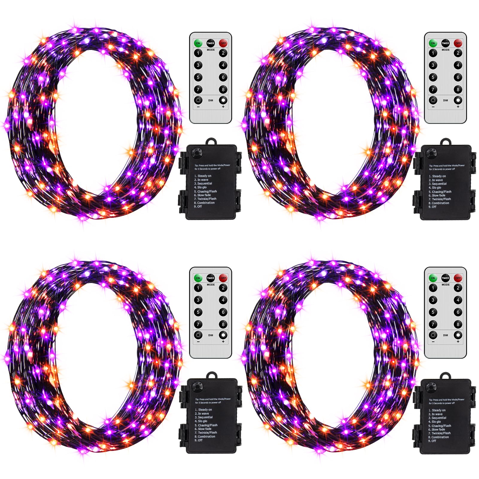 ZAIYW Fairy Lights, 50 LED, 16.5Ft, Battery Operated, Remote Control, 8 Modes, Purple Orange - Black Wire, Model DB200, 4 Pack
