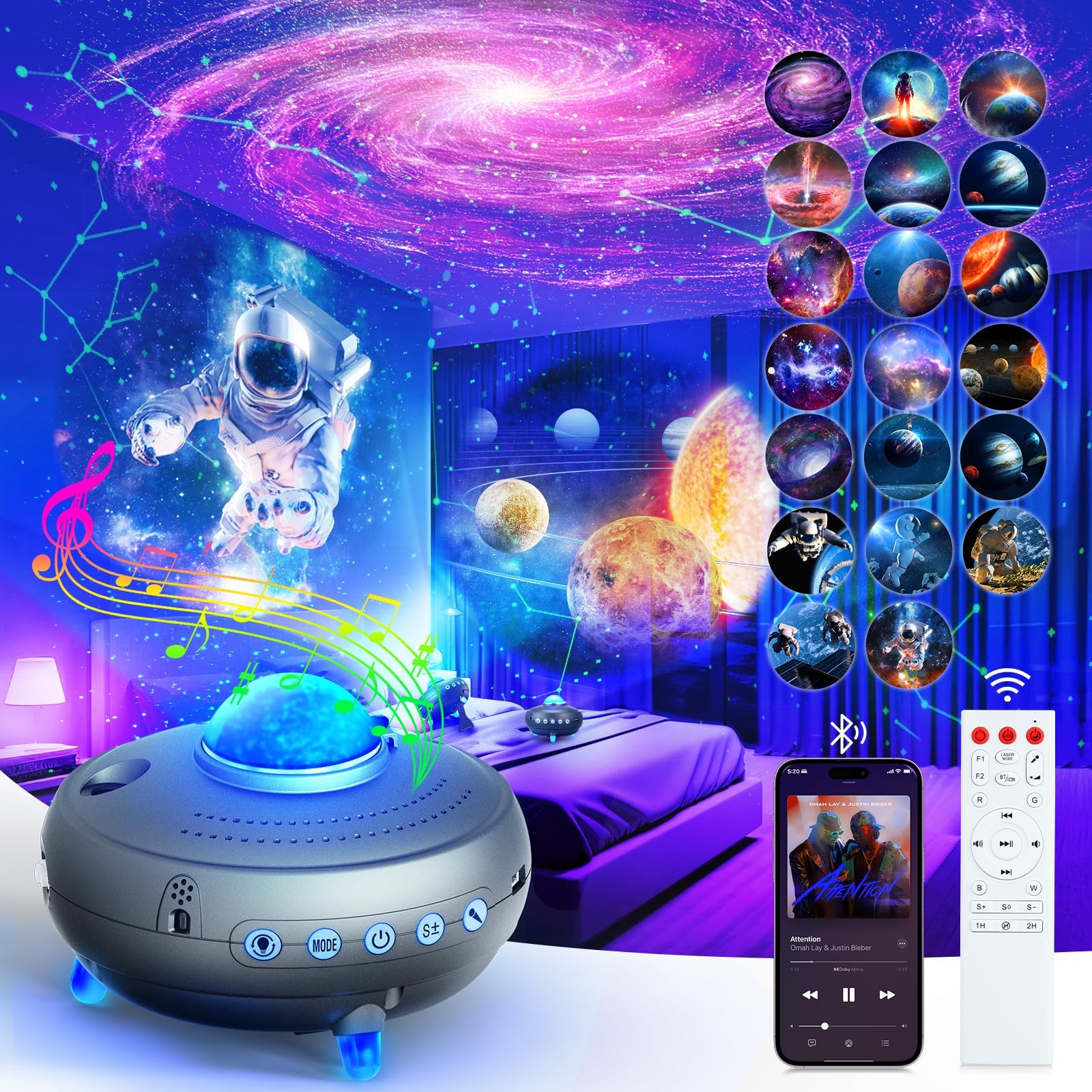 Constellations Planetarium Galaxy Stars Projector: Night Light 30 in 1 Ceiling Space Planets Solar System Projector - Bluetooth 