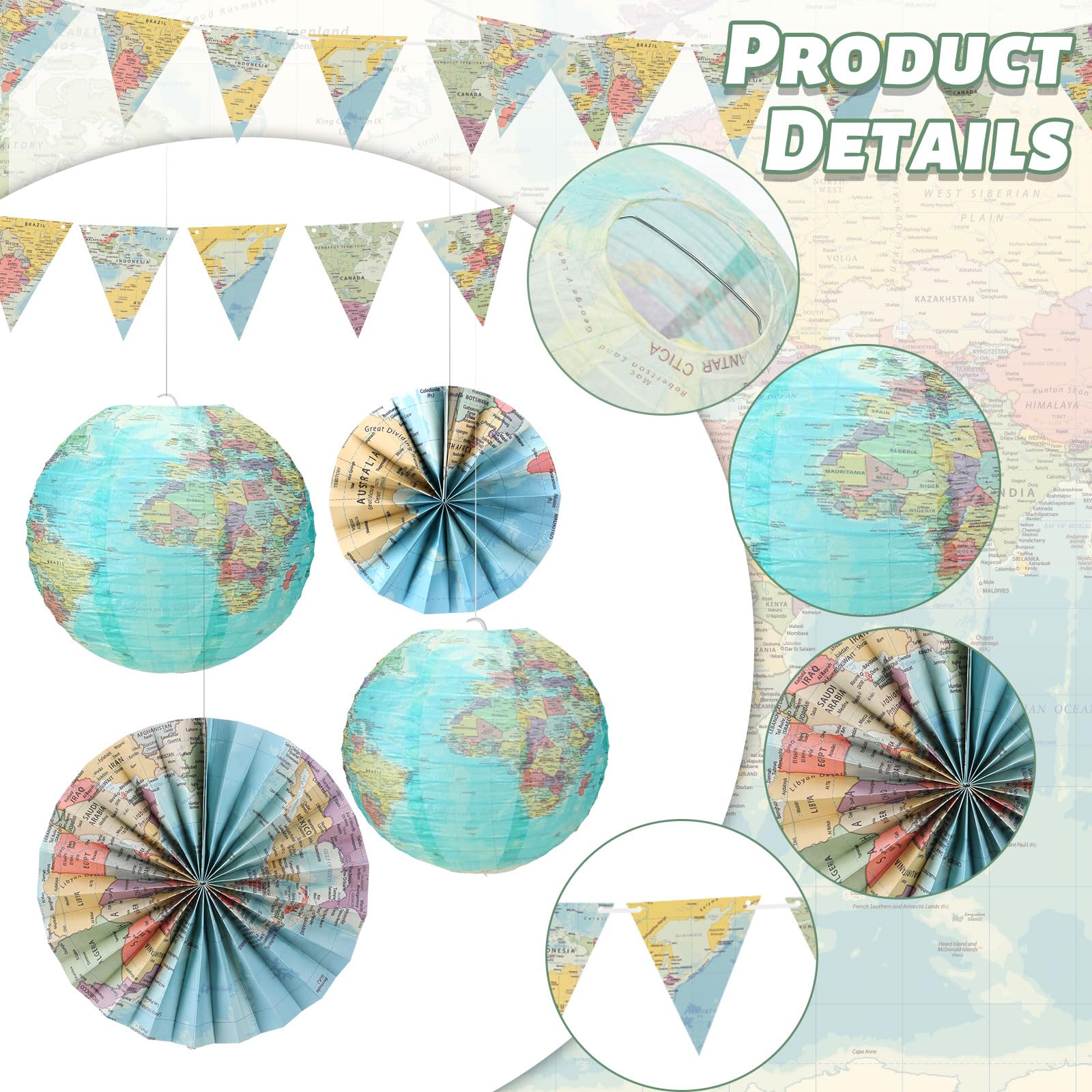 Tujoe 19 Pcs Map Classroom Decorations Travel Themed Party Decorations Globes Hanging Paper Lantern Fans Triangle Flags Banner For Home Earth Chinoiserie Theme Party(Green)