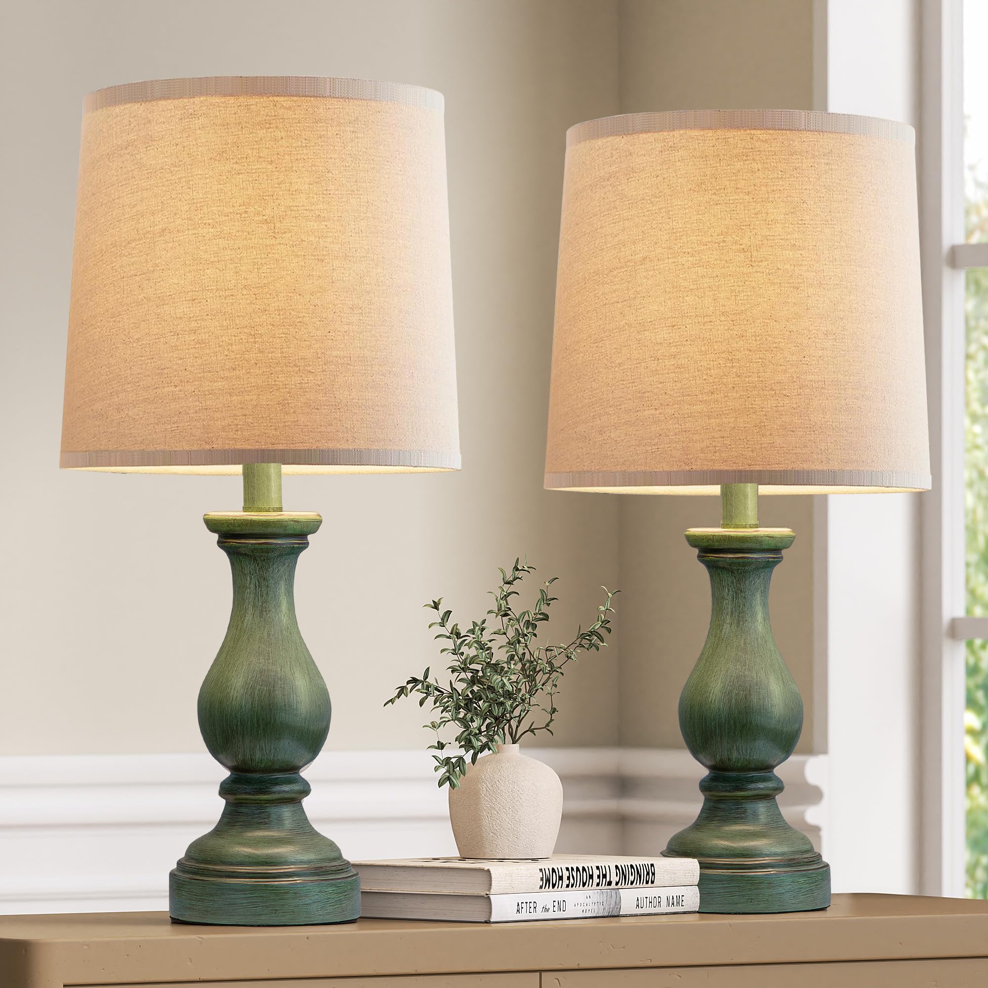 Seealle Farmhouse Table Lamps Set of 2 - Rustic Lamp for Bedroom Living Room  22 Boho Bedside Lamps for Night Stands End Table Office Desk Lamp Nightstand with Linen Shades(Antique Green)