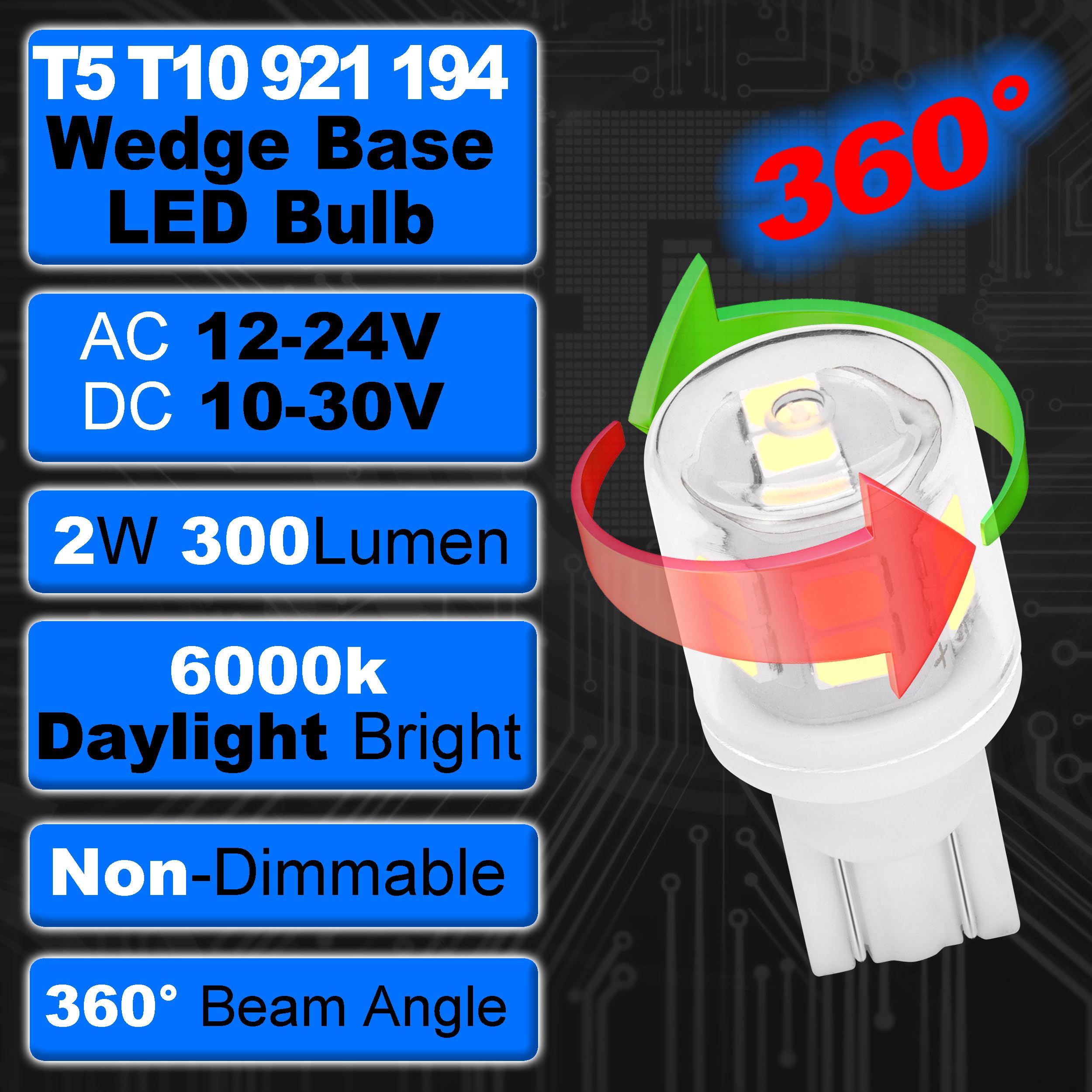 12V T5 T10 Wedge Base Led Bulbs 2 Watt Replace 11W 18W Incandecent Bulbs 300Lm 6000K Daylight White 194 921 Led Bulb For Rv Camp