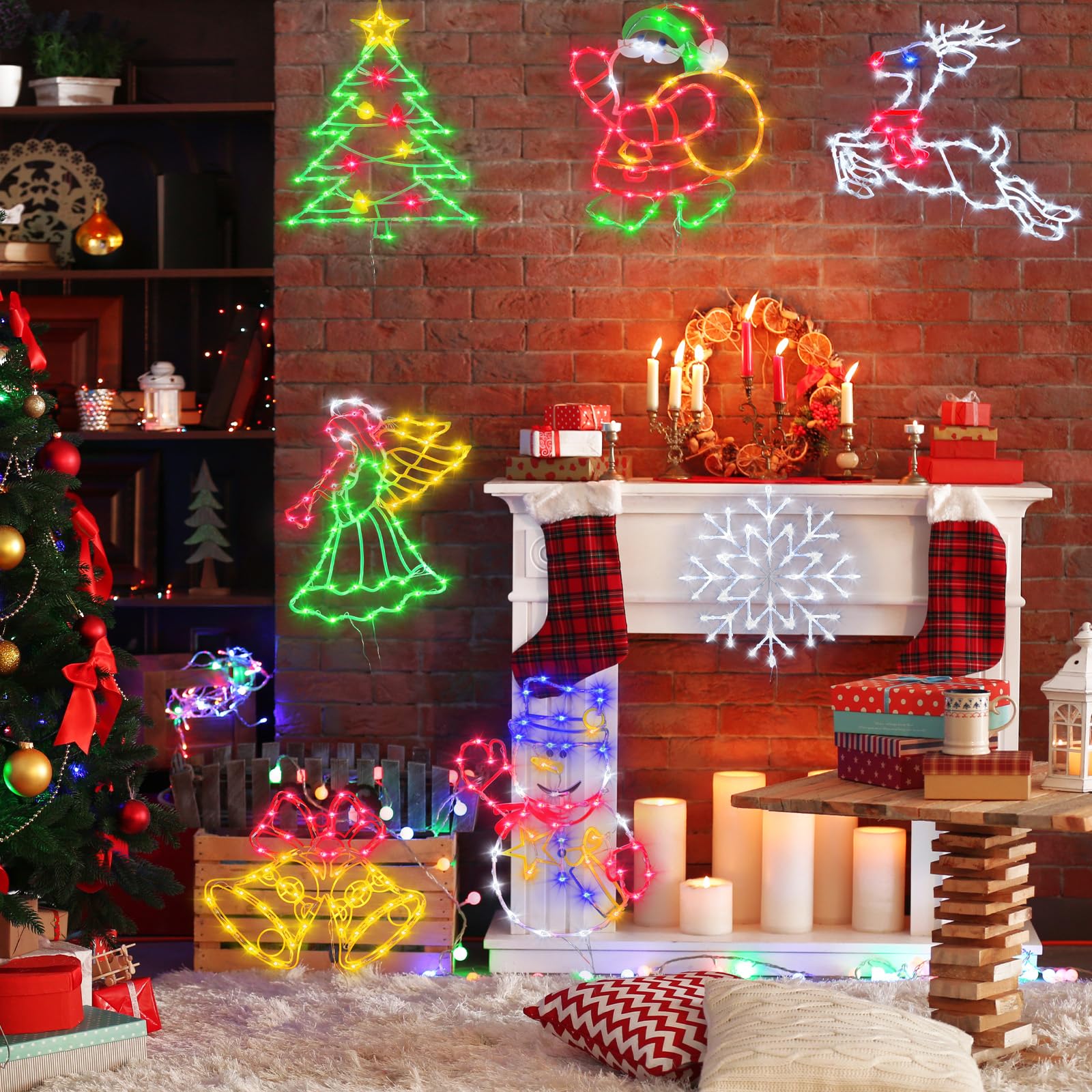 Trwymz Christmas Decorations - 16 Christmas Window Silhouette Lights - 4 Pack Colour Lighted Santa & Bell & Reindeer & Christmas Tree For Holiday Indoor And Outdoor Wall Door Window Decorate