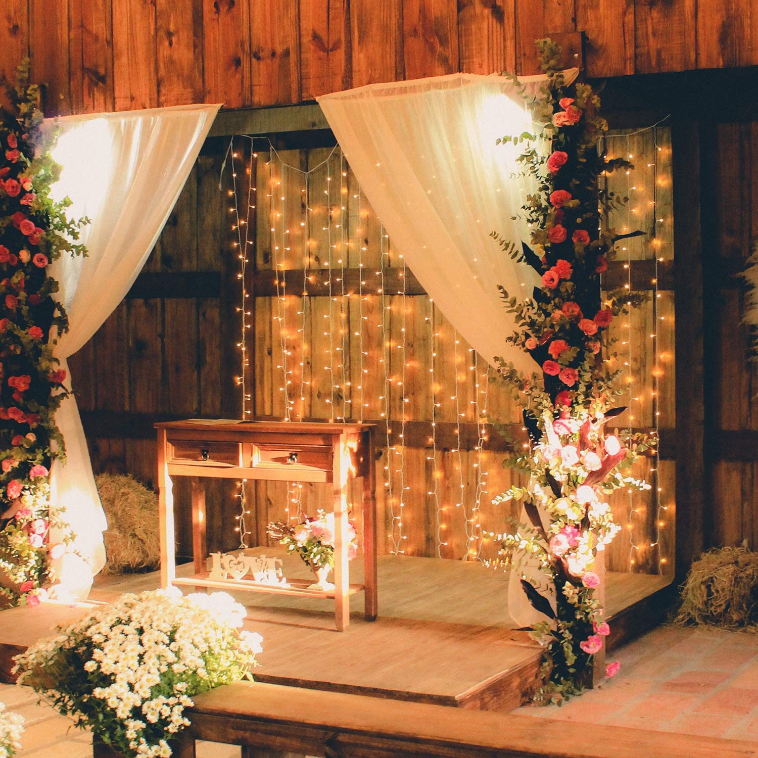 Brightown Curtain Lights 9.8X9.8 Feet 300 LED 11 Lighting Modes with Remote Control 2 Colors Hanging String Fairy Lights for Wal