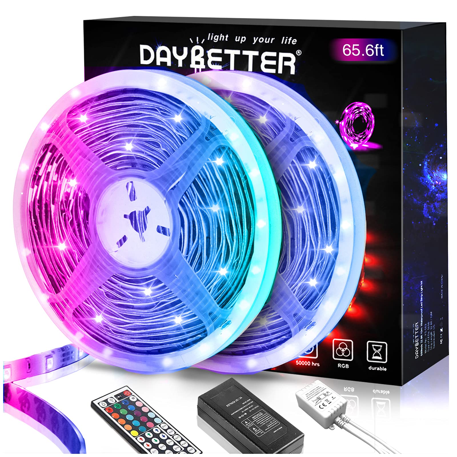 DAYGameTER LED Lights 65.6ft  5050 RGB Led Band Lights Flexible Color Changing Remote Control Led Light Bands  2 Rolls of 32.8ft Led Lights for Bedroom  Living Room  Party Home Decor