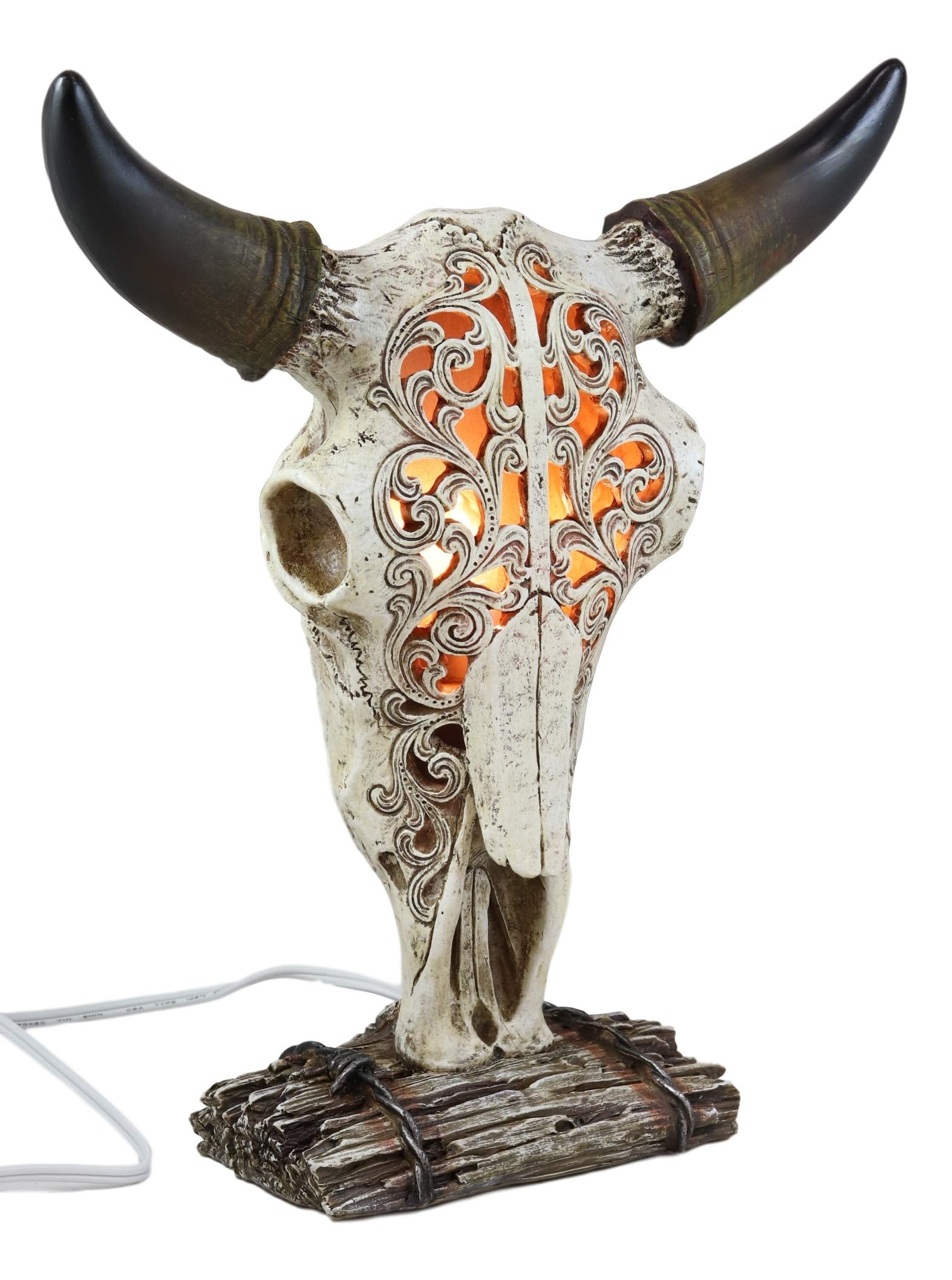 Ebros Gift 12.5" Tall Aged Bone Filigree Steer Skull Night Light Lamp Decor