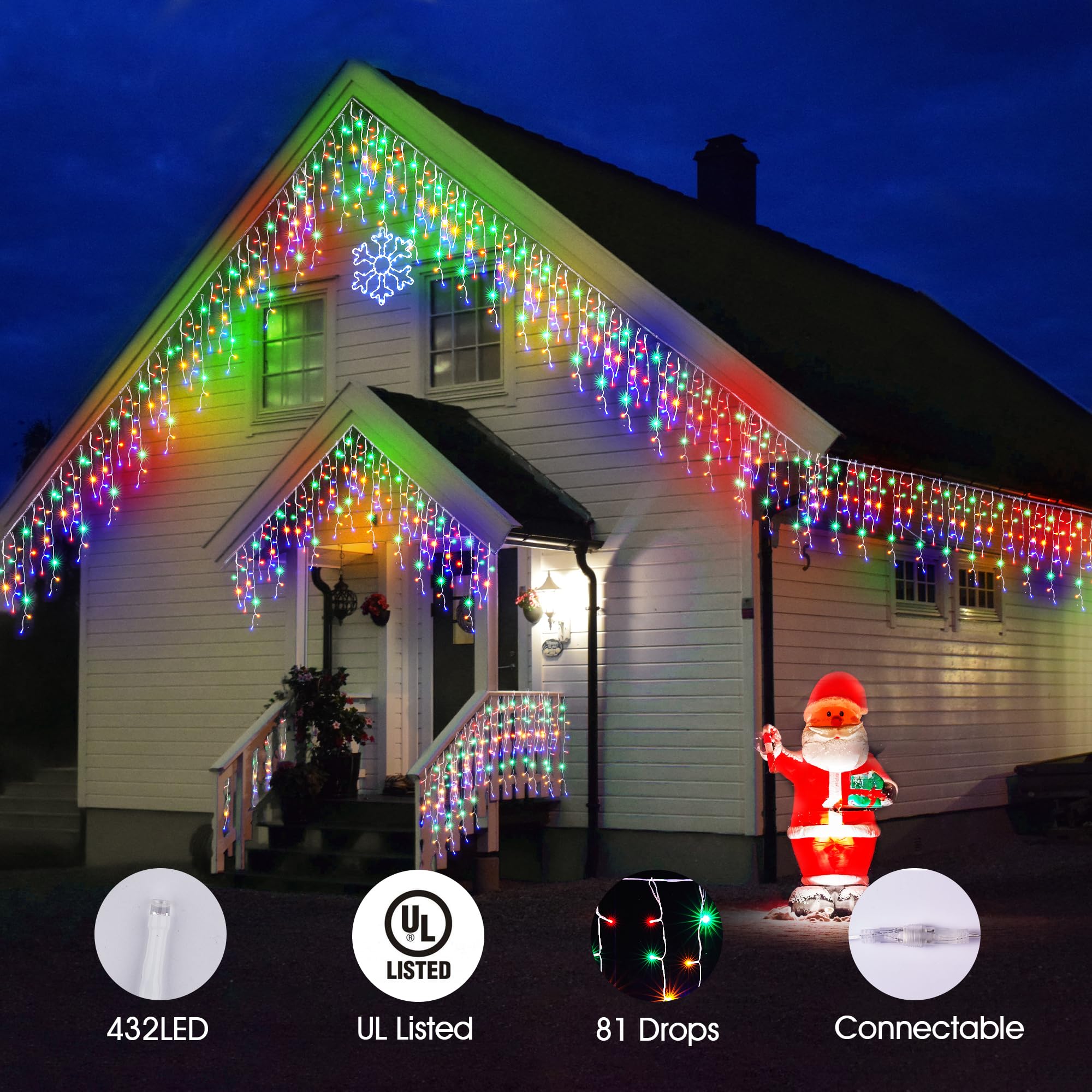 WBao 432 LED Christmas Icicle Lights, 33FT, Remote Control, 8 Modes, Waterproof, Multicolor, Model GP-SW290DC0209-IP44(US) A