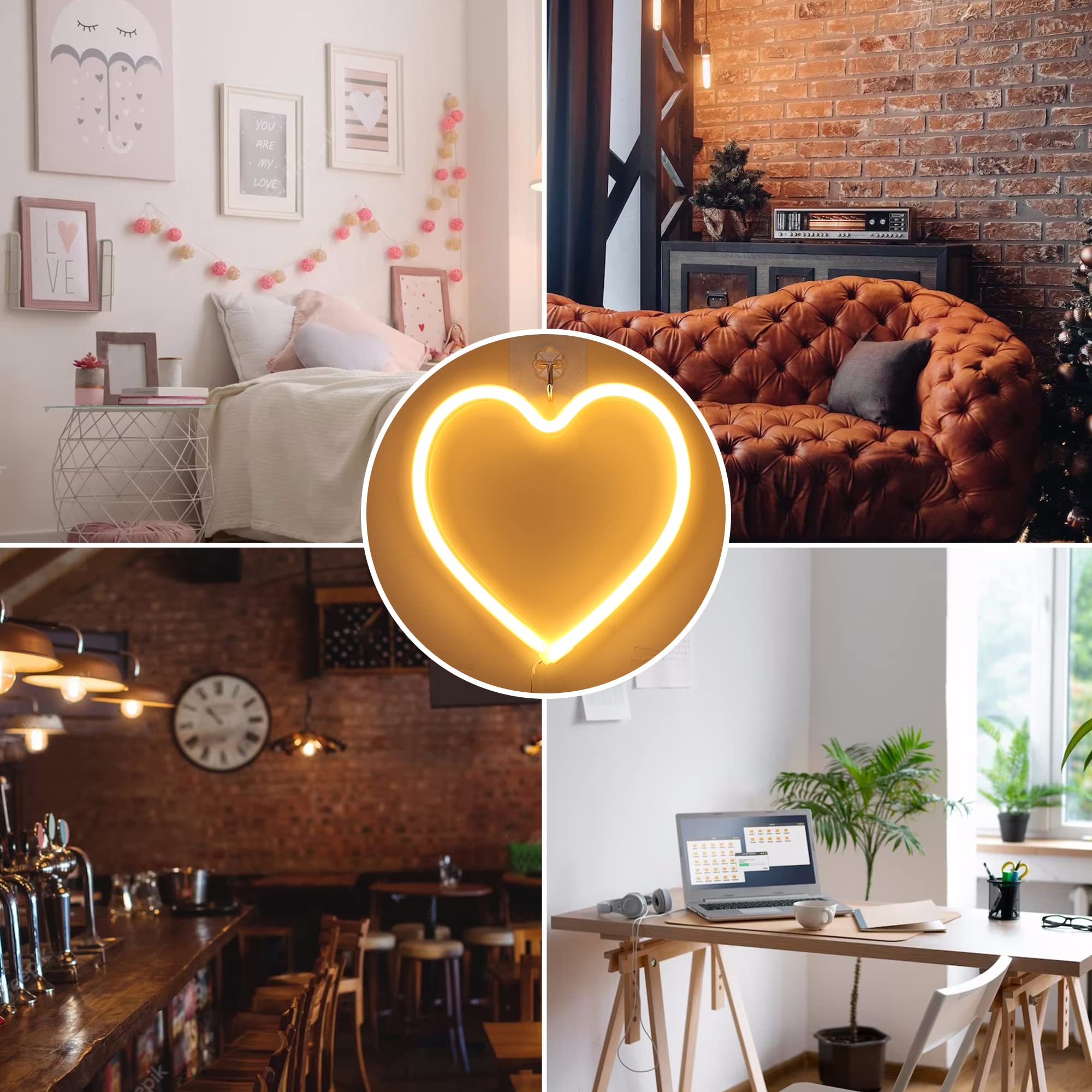 Love Heart Neon Sign Light,LED Neon Lamp with Warm Yellow Light Color Powered by USB Cable Sign Neon Night Light for Room Wall H