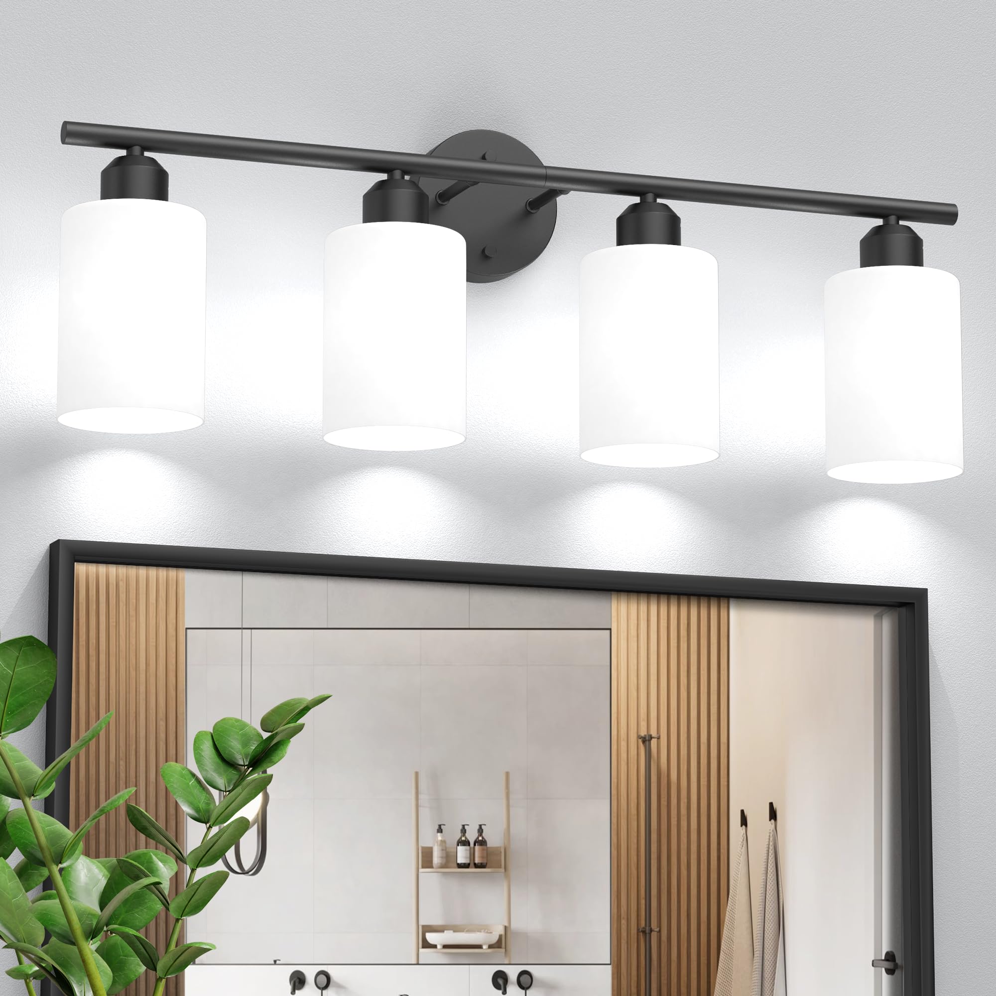 Espird 4-Lights Bathroom Light Fixtures, Matte Black Vanity Lighting, Textured Frosted Opal Shades, Model L01-4-BK-W