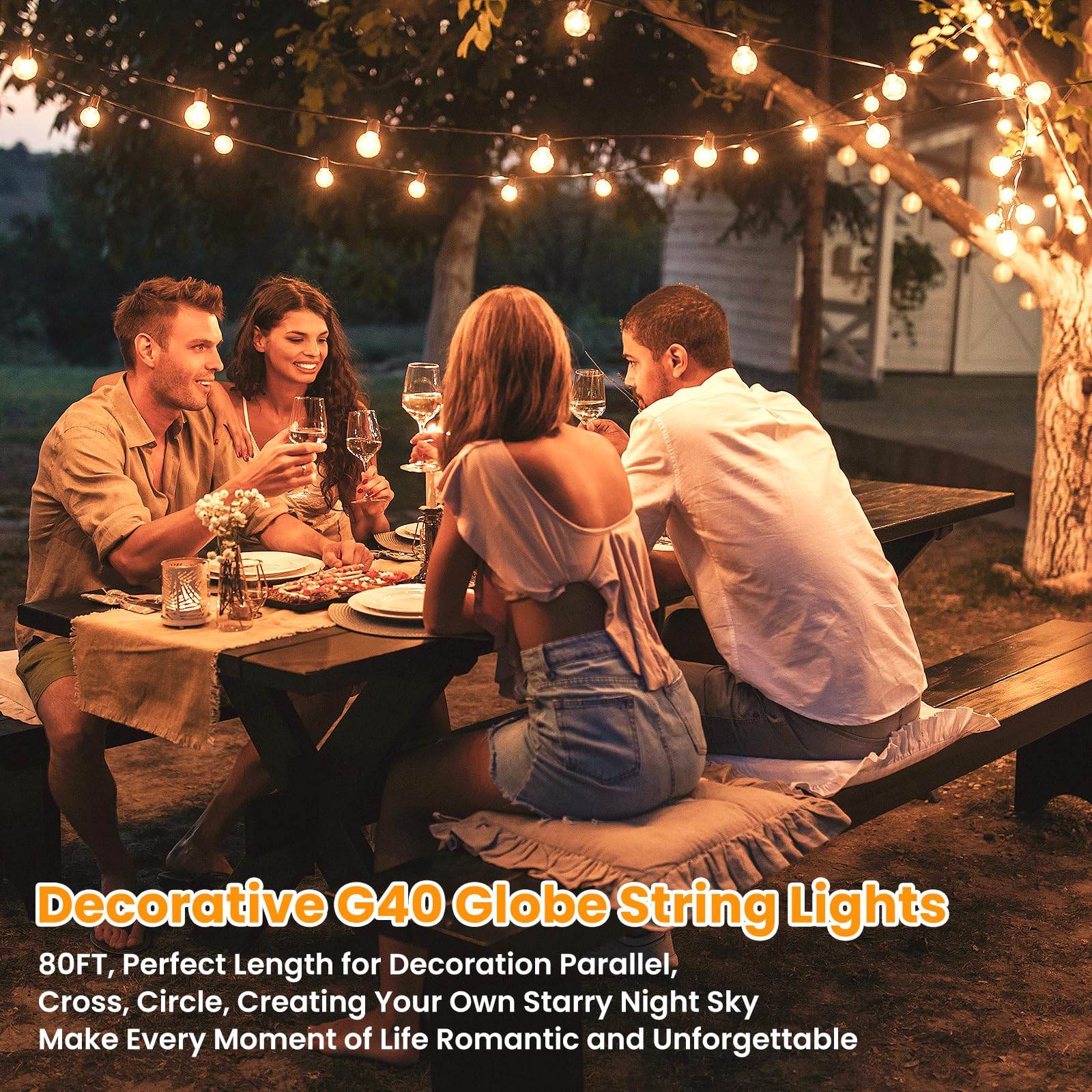 80Ft Outdoor G40 Led Globe String Lights Dimmable Waterproof Shatterproof Light Strings With 40 Bulbs Connectable Commercial Han