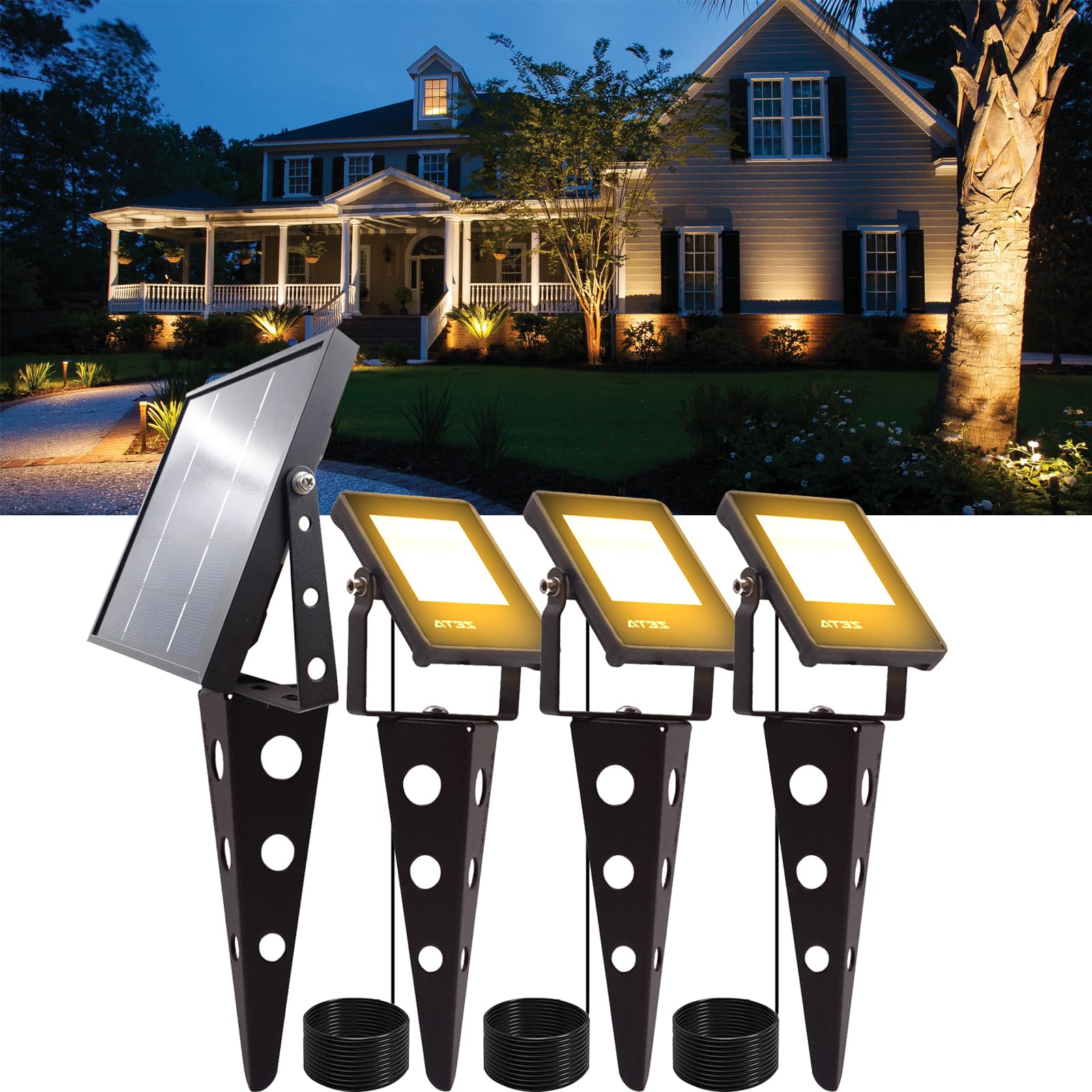 Mii-PWR Solar Spotlights Outdoor Waterproof, Zeta 3-in-1 Spot Lights Metal Warm White Auto On/Off Dusk to Dawn Landscape Flag Po