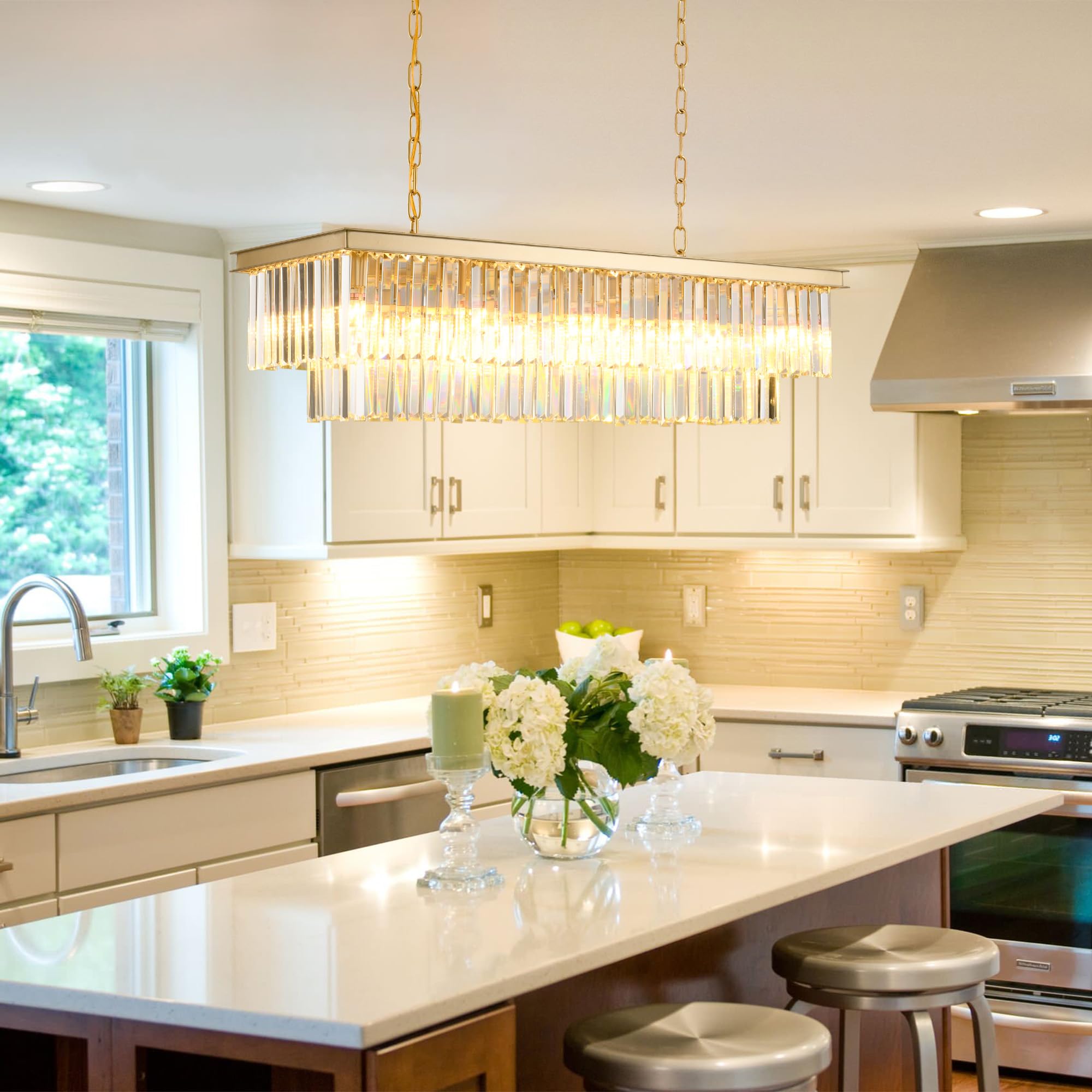 Gold Rectangular Chandelier 40 Inch-10-Light stylish Crystal Pendant Lighting For Dining Room  Kitchen Island & Bar-Adjustable Height  Flush Mount Ceiling Fixture enhanced Lighting Fixture(Gold  L-40)