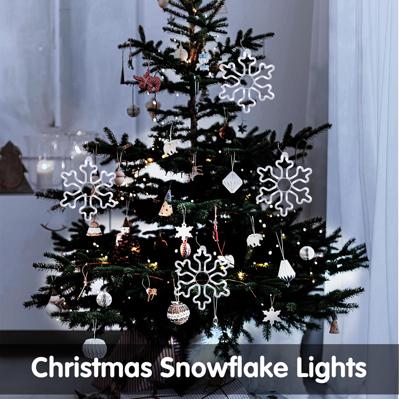 HuiZhen 4pcs LED Snowflake Lights Outdoor Christmas Decorations, White, 11.4in, PVC, 8 Lighting Modes & Timer