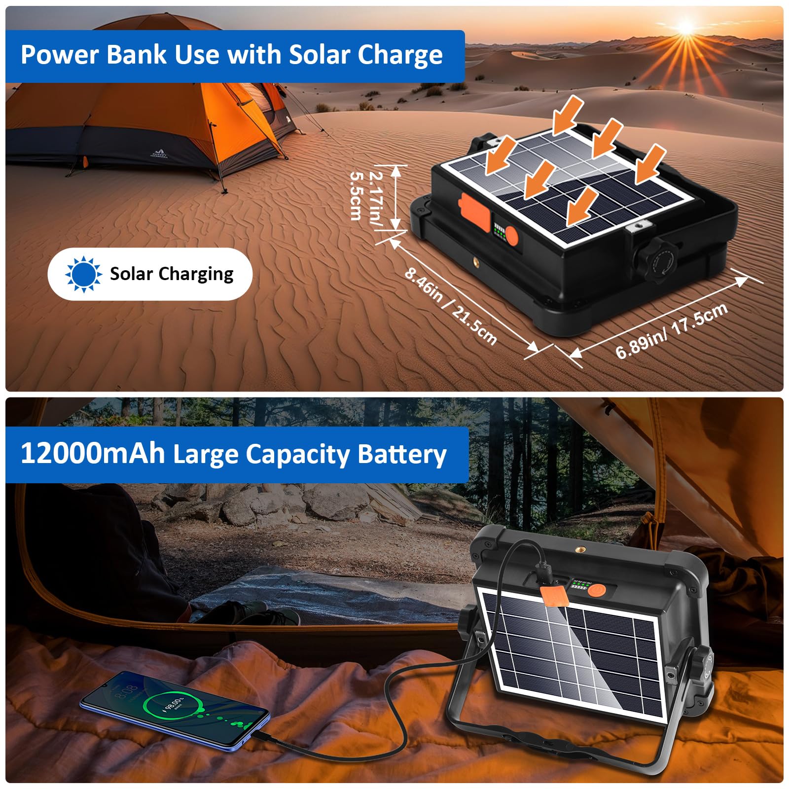 Rechargeable Work Light 100W, Solar Work Light 12000mAh, 4 Lighting Modes/Stepless Dimming, Portable for Camping, Car Repair, Po