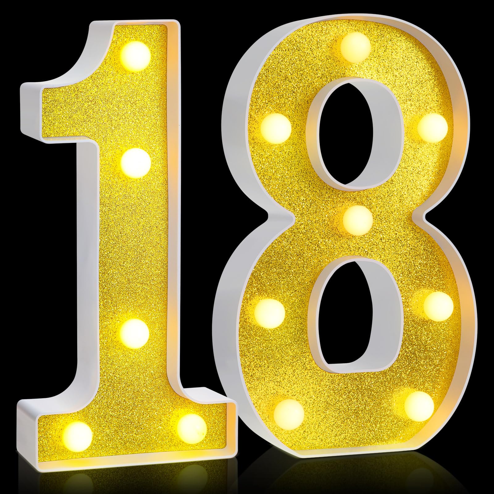 Treela LED Birthday Decorative Number Sign, 8.7in  Glitter Marquee, Gold, 18th Anniversary Table Centerpiece