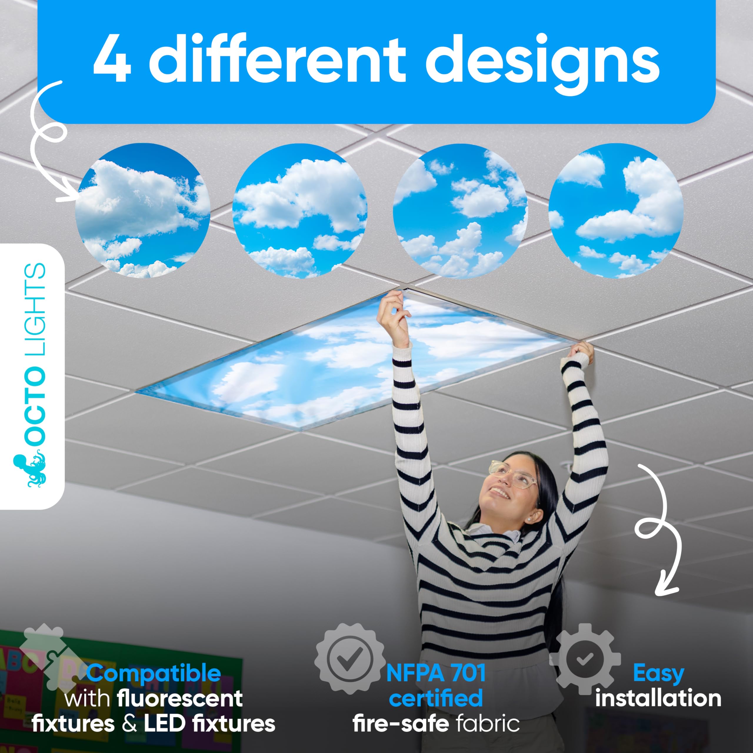 OCTO LIGHTS Fluorescent Light Covers - Magnetic 2x4 Polyester Cloud Cover - Calming Clouds - Model Cloud 001, 4 Pack