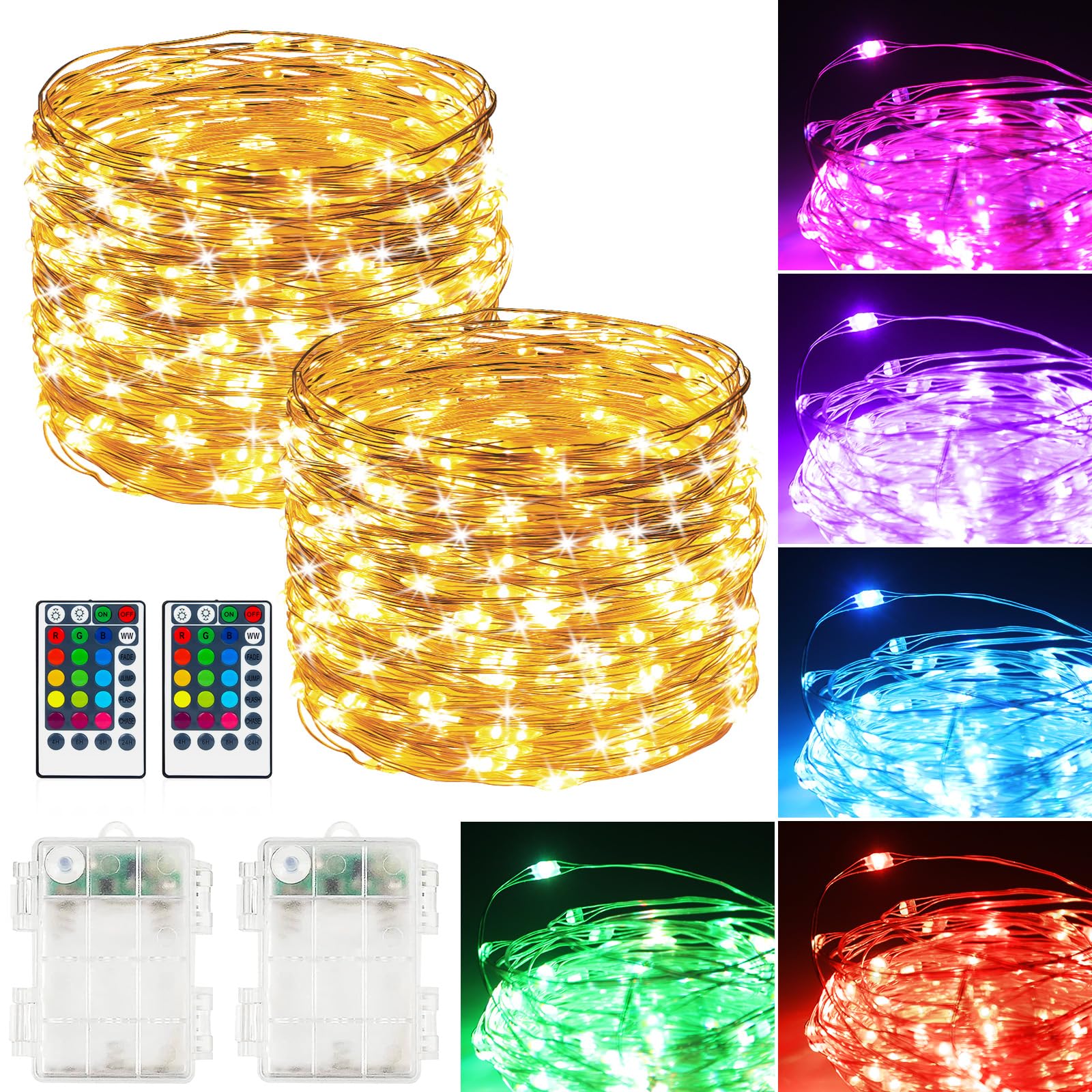 2Pack Battery Fairy Lights, Total 78Ft 240LED, Battery Operated Fairy Lights with Remote and Timer, RGB Color Changing String Li