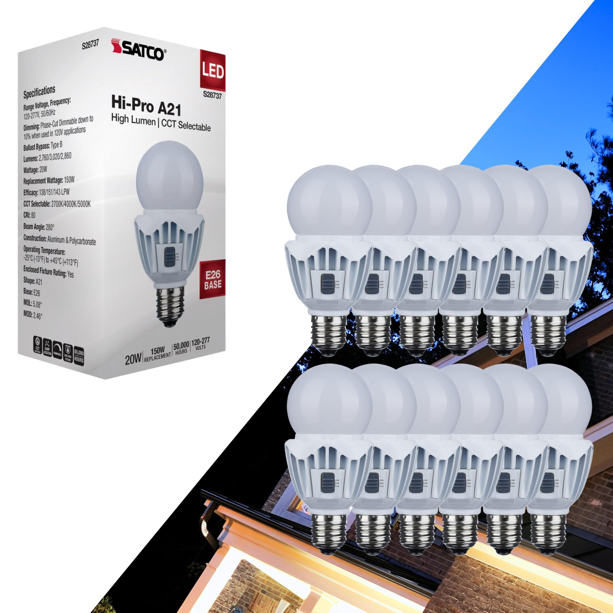 Satco 12 Pack S28737 20Wa21/Led/3Cct/120-277V 20 Watt Led A21; High Lumen Output; 27K/40K/50K Cct Selectable; Medium Base; White