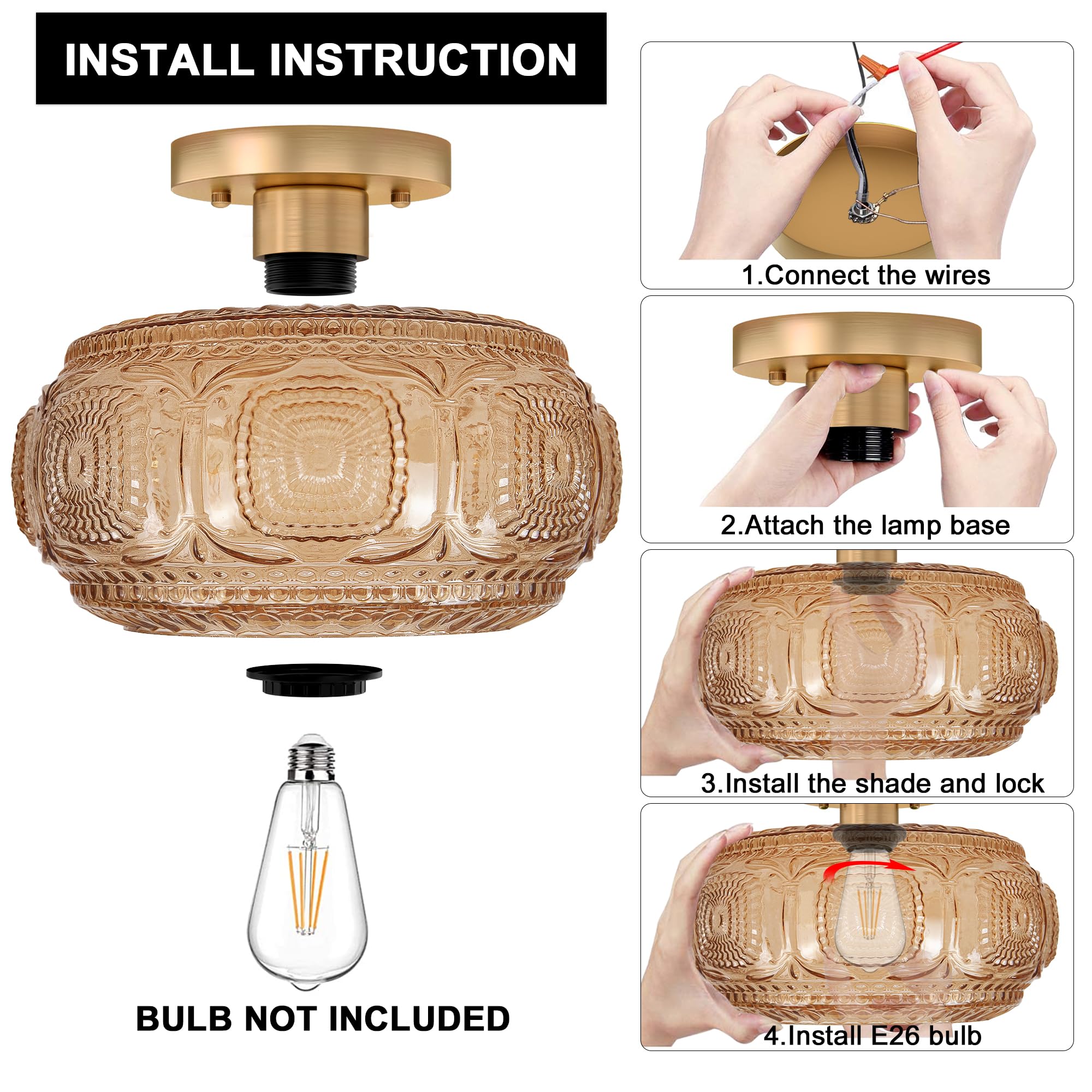 Oykyohei Semi Flush Mount Ceiling Light  Upgraded Larger Amber Glass Ceiling Light Fixture  Vintage Lighting For Hallway Kitchen Bedroom Dining Room  Bulb Not Included