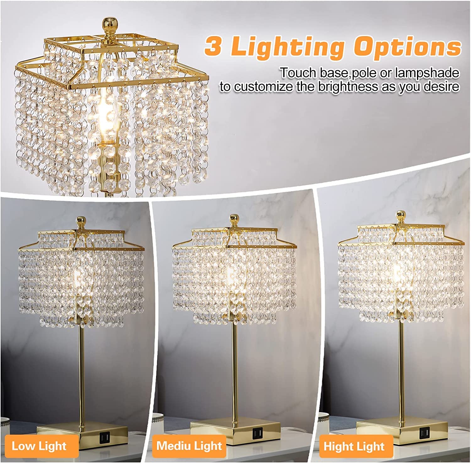 Luvkczc USB Crystal Table Lamp, Touch Control, 3-Way Dimmable, Gold, Includes 6W LED Bulb