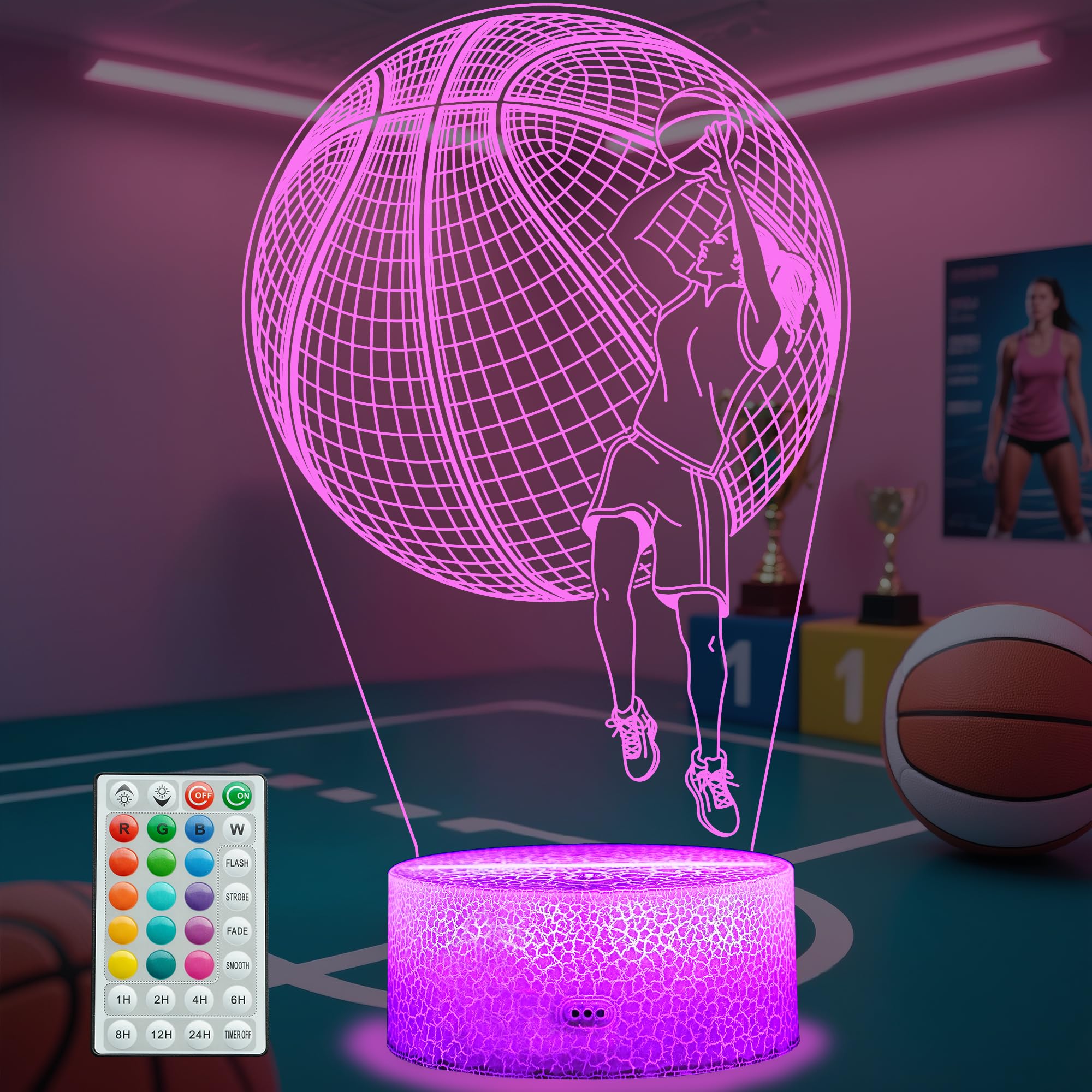 POSSHE Basketball Gifts for Girls, Basketball Night Light with Remote Control, 16 Colors Changing, RGB Flashing Mode and Dimmabl