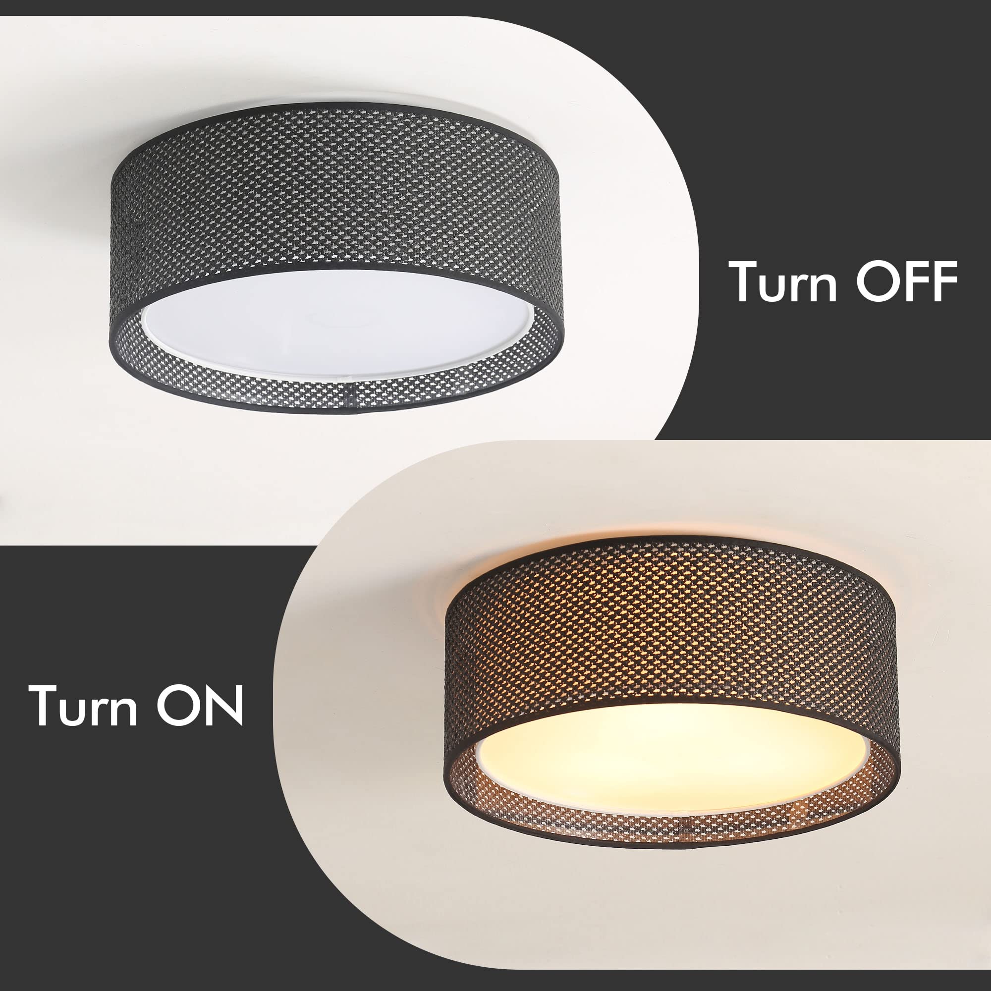 Wingbo 15.7" Modern 3-Light Flush Mount Ceiling Light Fixture With Fabric & Acrylic Double Drum Shade For Bedroom Living Room Dining Room Hallway Entryway, Black