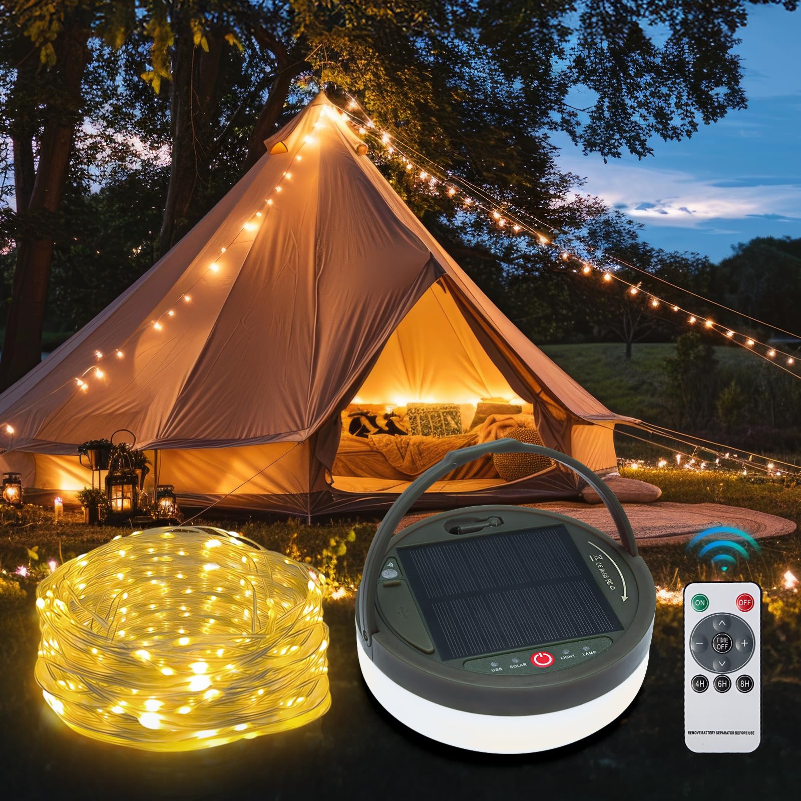 GHORA Solar Camping String Lights, 2 in 1 Solar Rechargeable Portable Outdoor LED String Lights with Remote Control, 39.4 Feet E
