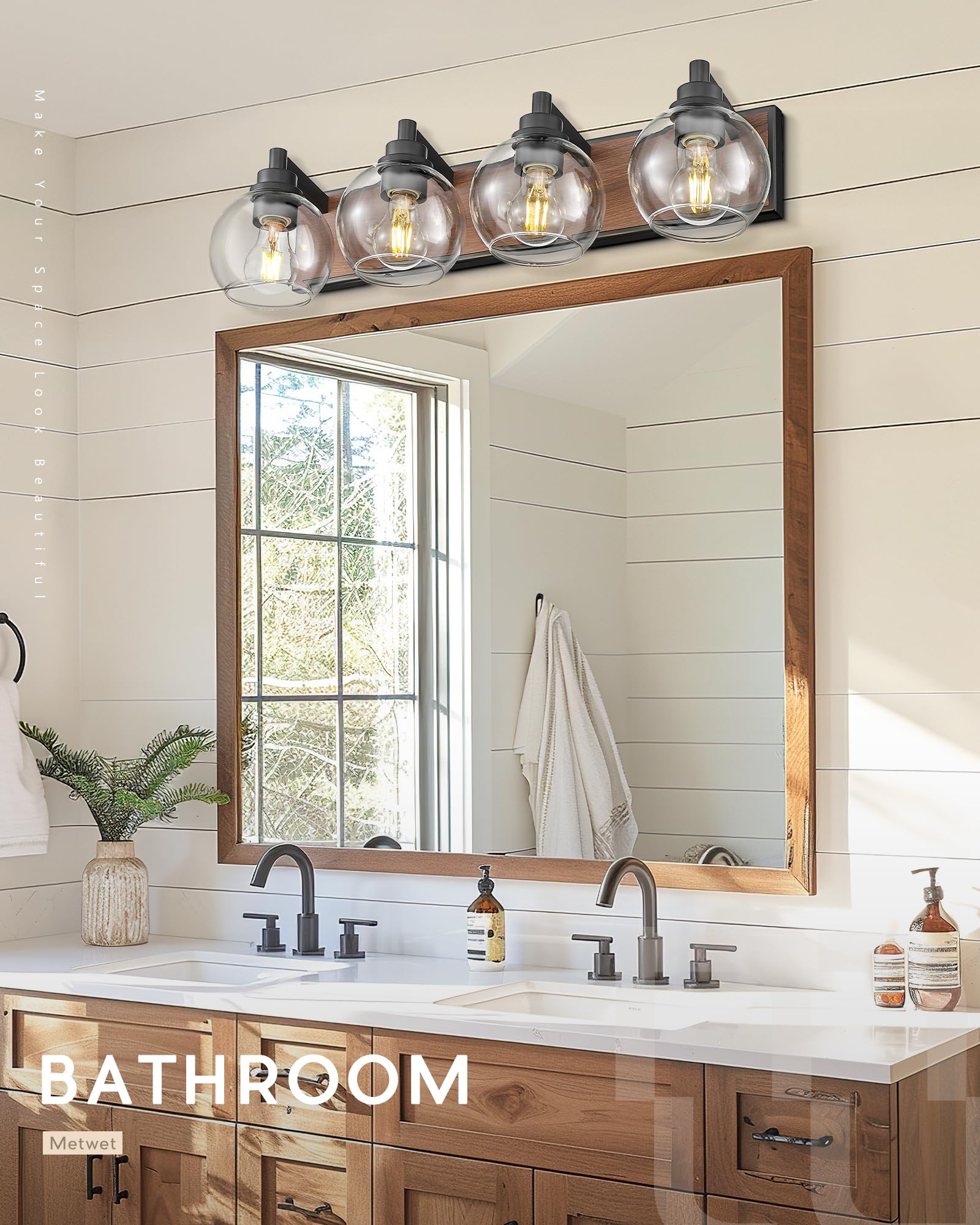 Metwet Bathroom Light Fixtures, 4-Light Black And Faux-Wood Finish Bathroom Vanity Light, 26 Inch Farmhouse Wall Sconces With Gl
