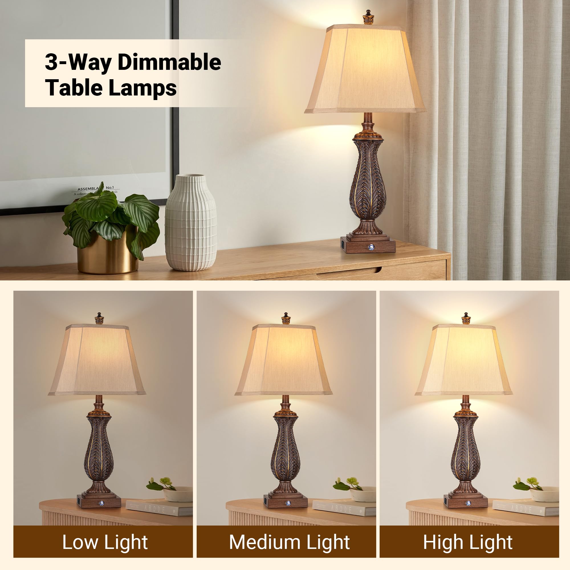 Wihtu 3-Way Dimmable Touch Table Lamps Set Of 2, 30&quot; Brown Resin Nightstand Lamp With Usb