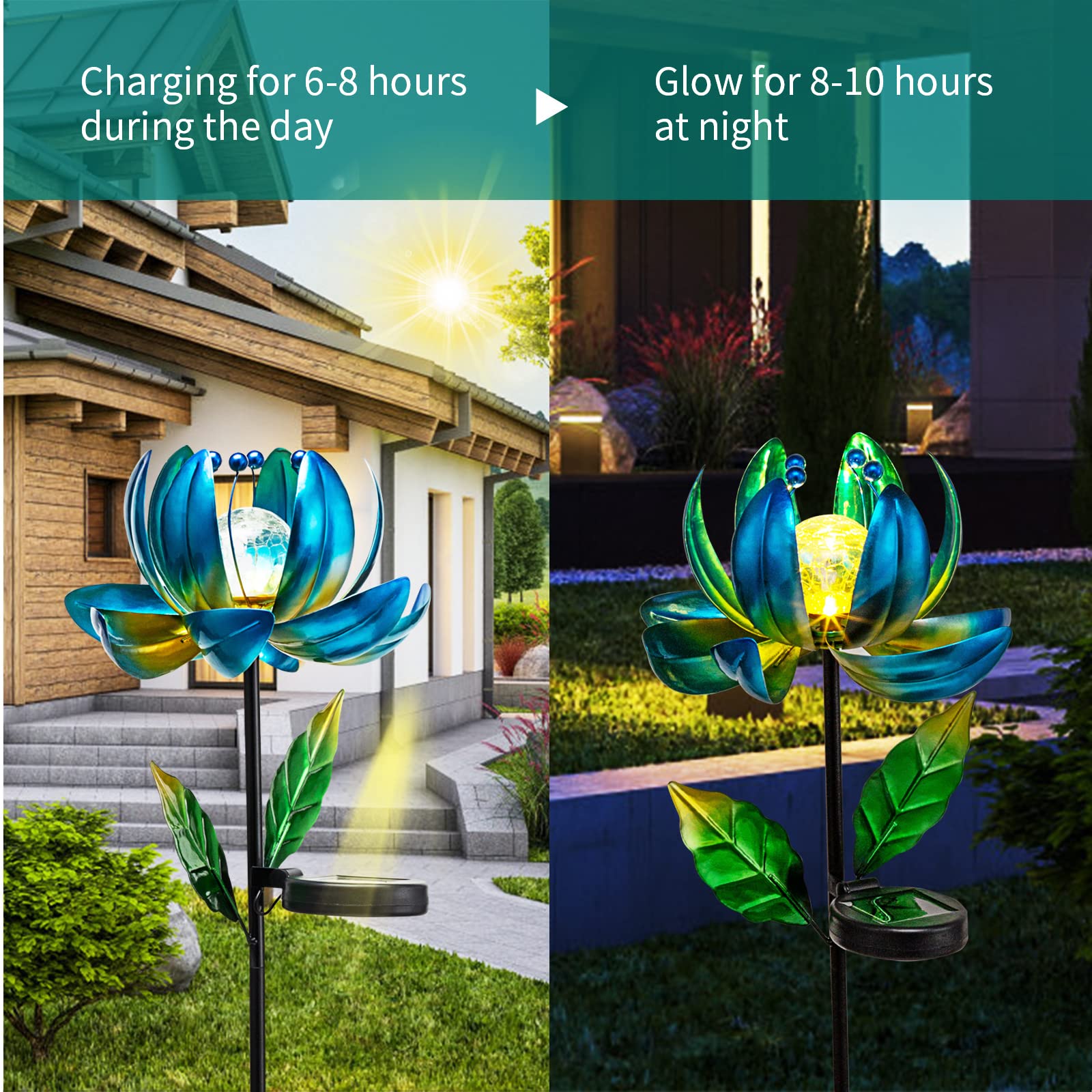 Huaxu Solar Outdoor Lights 35.4In Garden Decor Flower Wind Spinners,Waterproof Led Crackle Glass Globe Blue Lotus Art Metal Stak