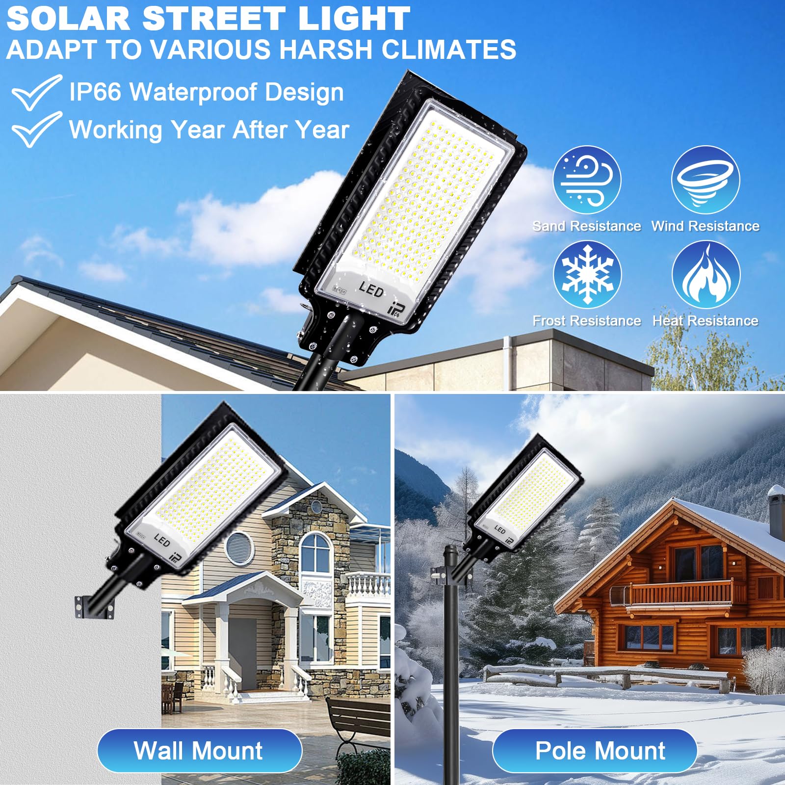 Eleganted Solar Street Lights, 6500K, IP66 Waterproof, 100000LM, Remote Control, Black, Model JJL-CAXFSTL03