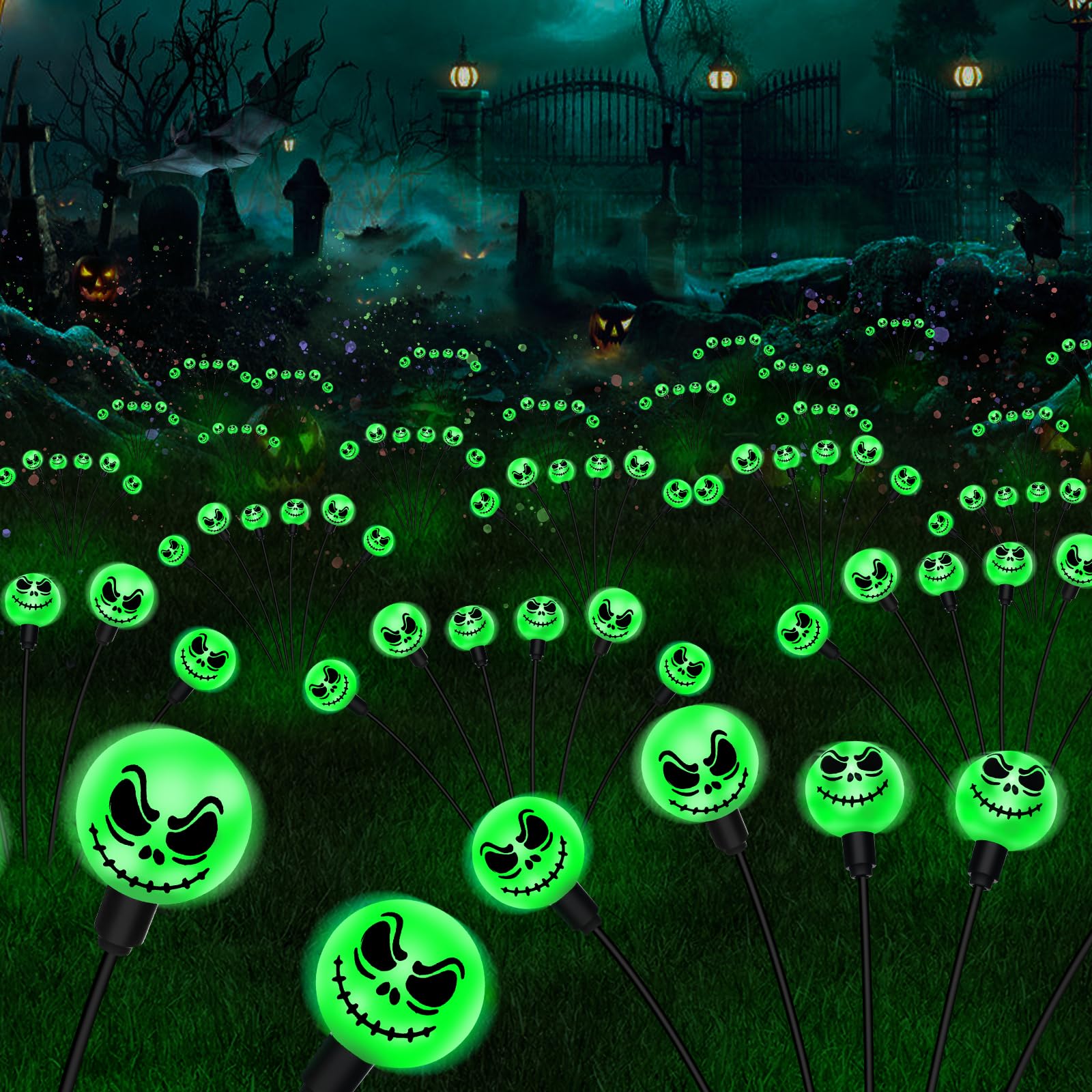 X-Giftkey Solar Spooky Lights For Outdoor Halloween Decorations,2Pack 12Led Green Grimace Halloween Path Lights,Halloween Decor Outside Solar Swaying Firefly Lights For Garden Yard Halloween Decor