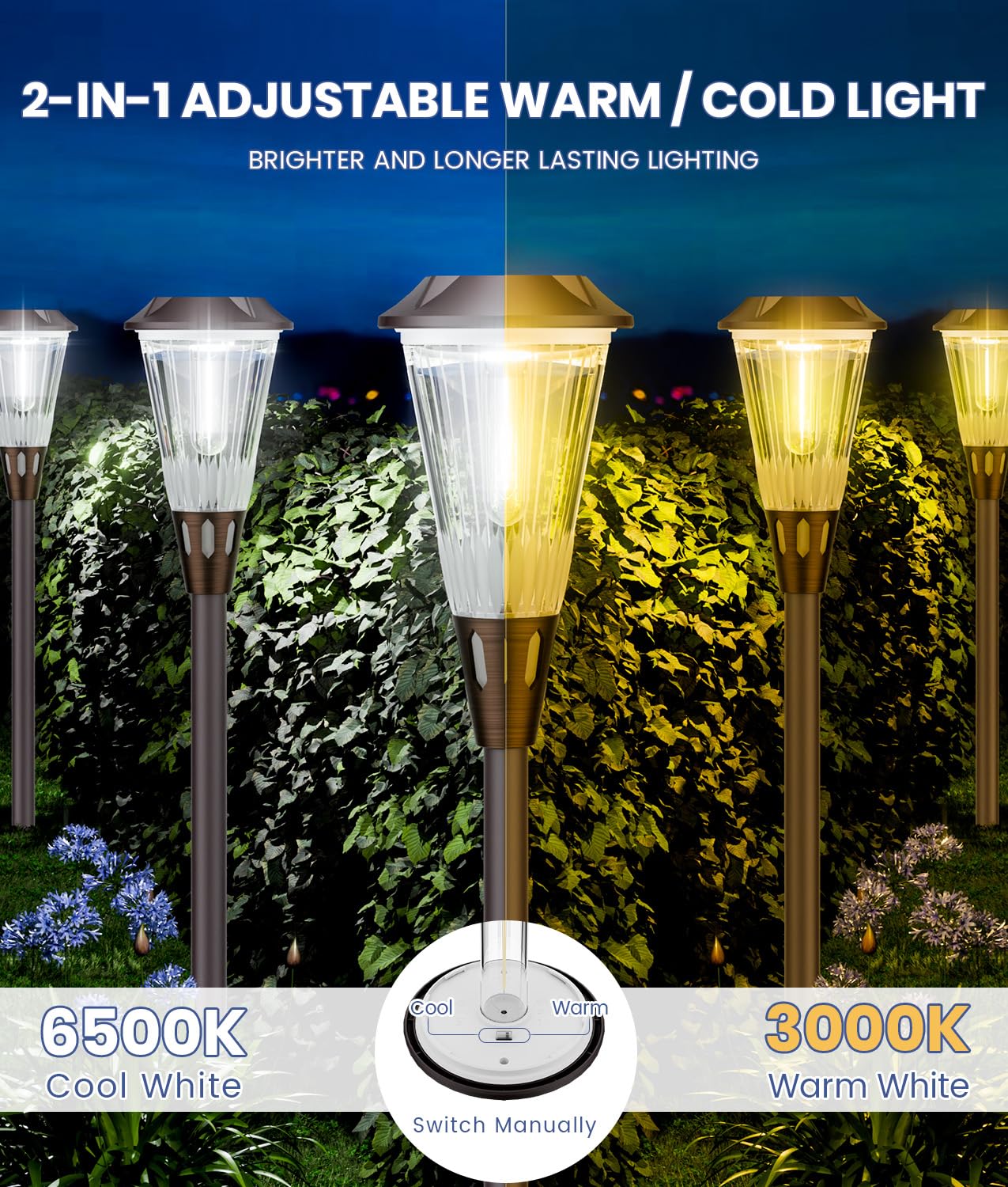Newmessi Super Bright Solar Pathway Lights 2 Pack, 2-In-1 Warm&Cold Light 3000K/6500K Waterproof Ip65, Outdoor Solar Powered Lig