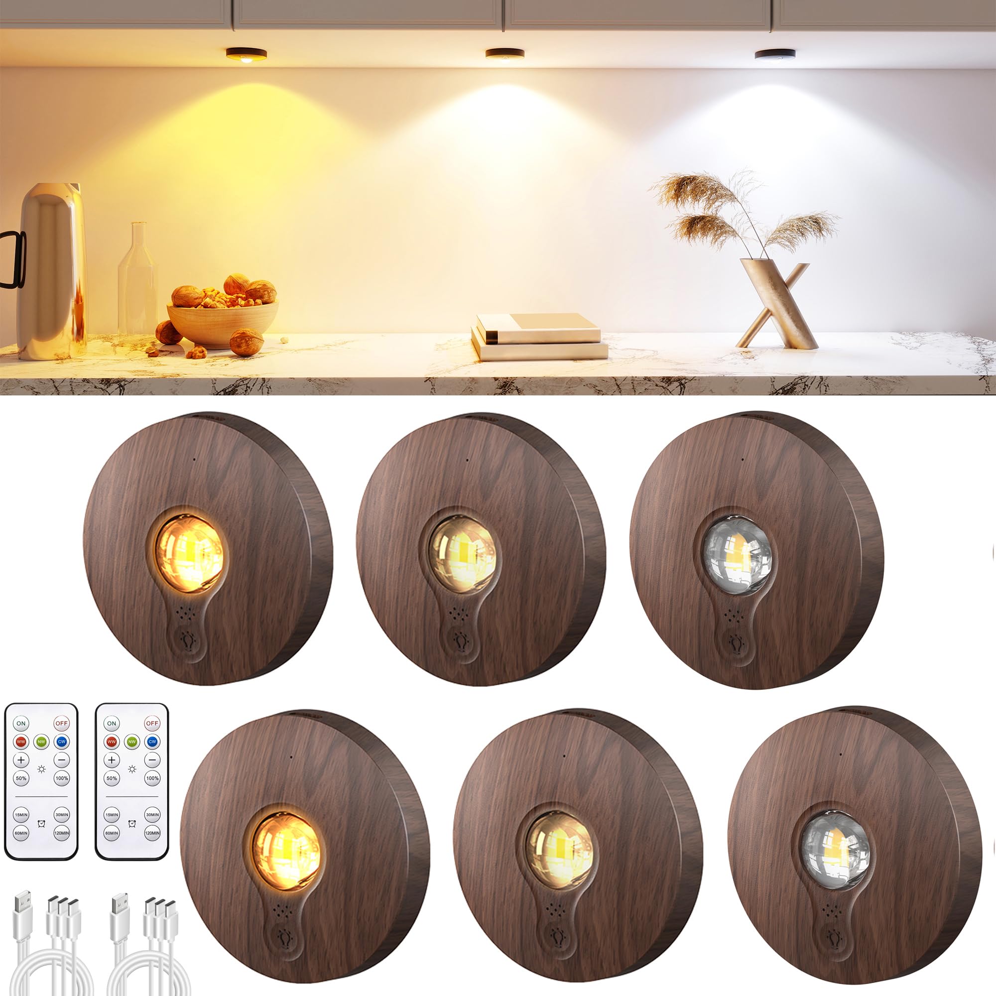 UNUSROOM Rechargeable Puck Lights with Remote, Dimmable, 2000mAh Battery, Magnetic Mount, Dark Wood, Model T065