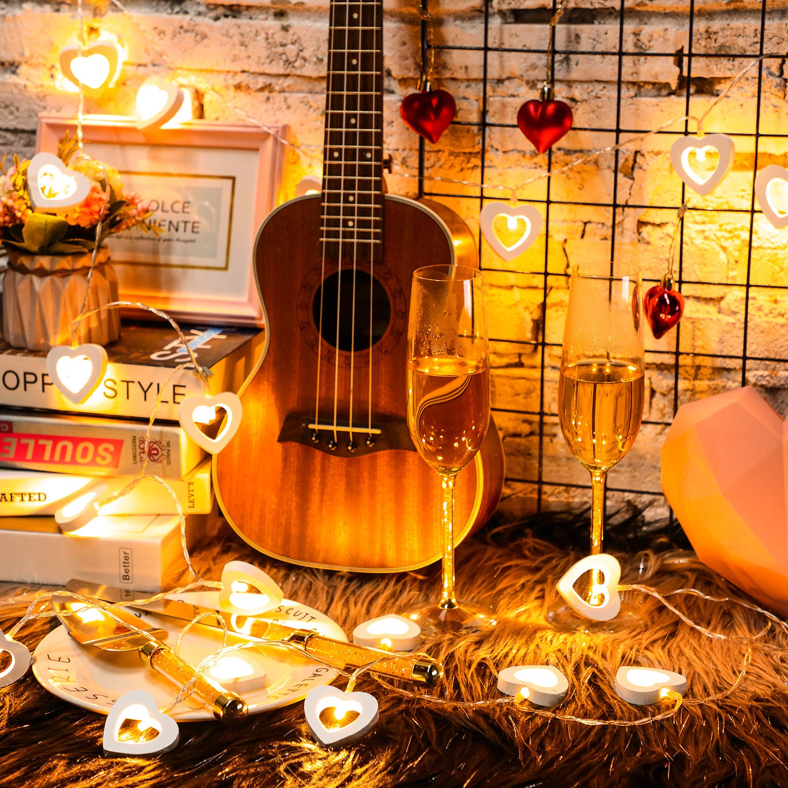 Mudder Valentines Day Wooden Heart String Lights LED Fairy Hanging Love Lights Lamp Battery Operated Valentines Day Decoration f