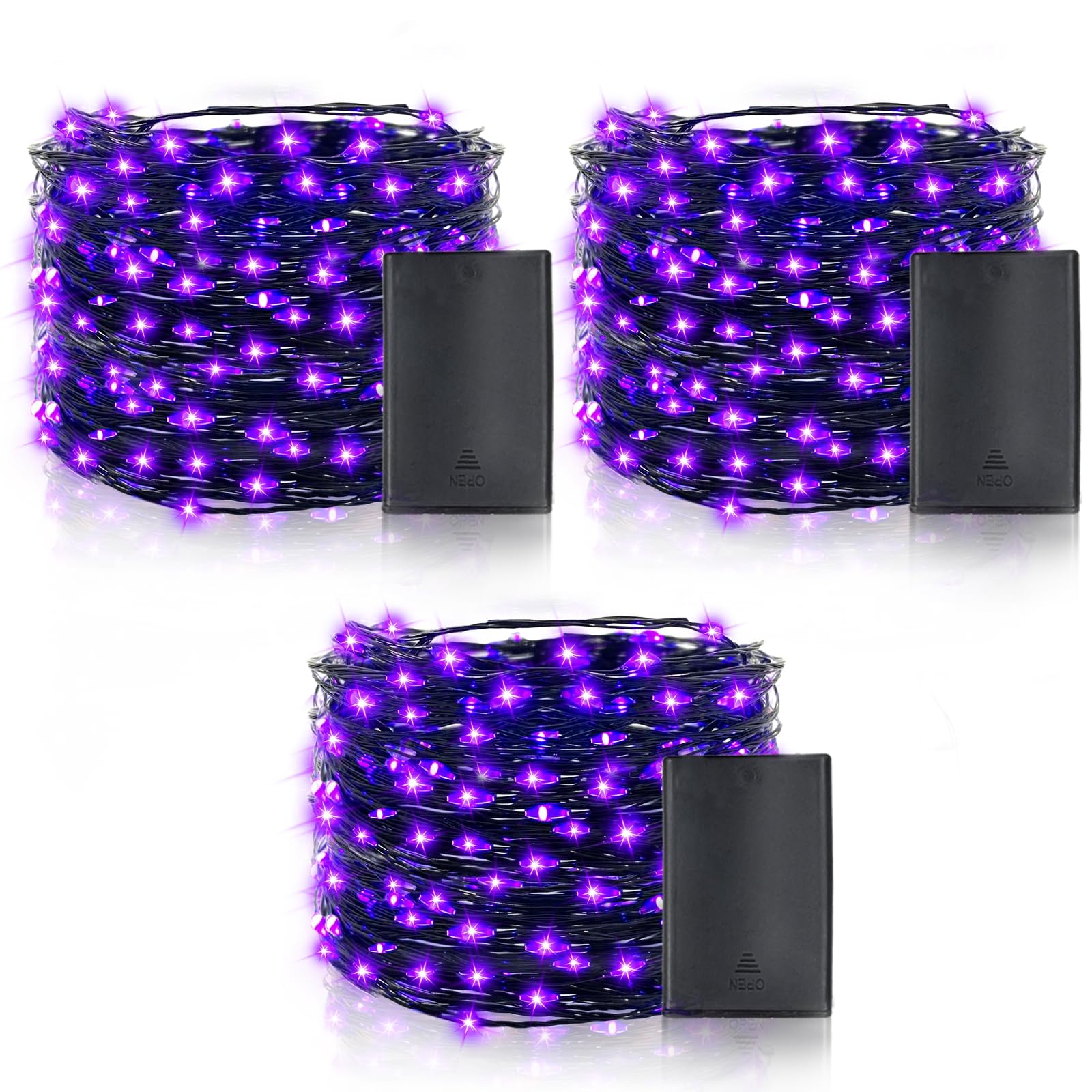 TURNMEON [3 Pack] Halloween String Lights with Timer, Total 180LED/59Ft Copper Wire Battery Operated Halloween Decorations Indoor Outdoor Outside Yard Home Party Decor, 60LED 19.7Ft Each (Purple)