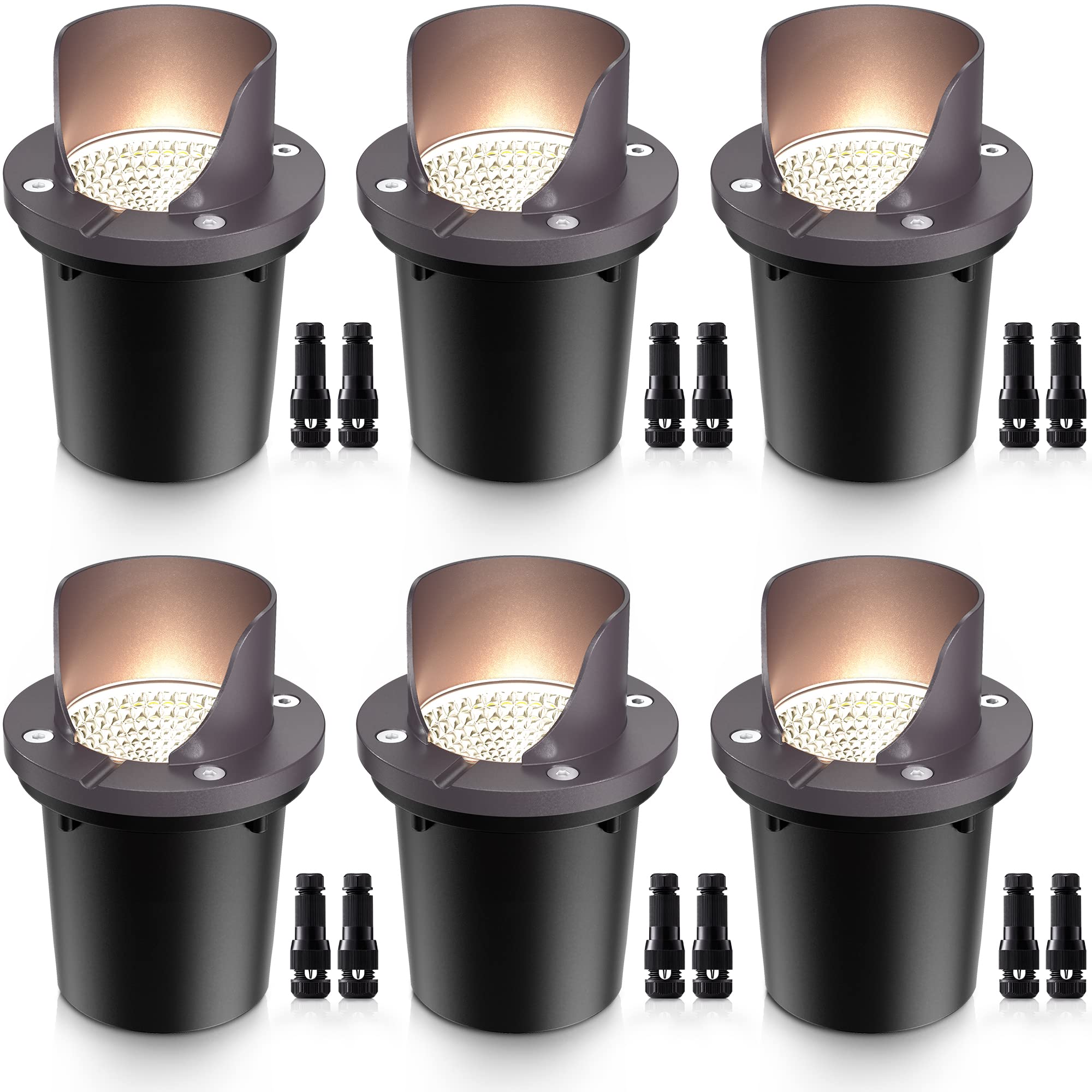 SUNVIE 12W Low Voltage LED Landscape Lights, Waterproof In-Ground Well Lights, Warm White, 6 Pack, Aluminum, for Pathway Garden Deck