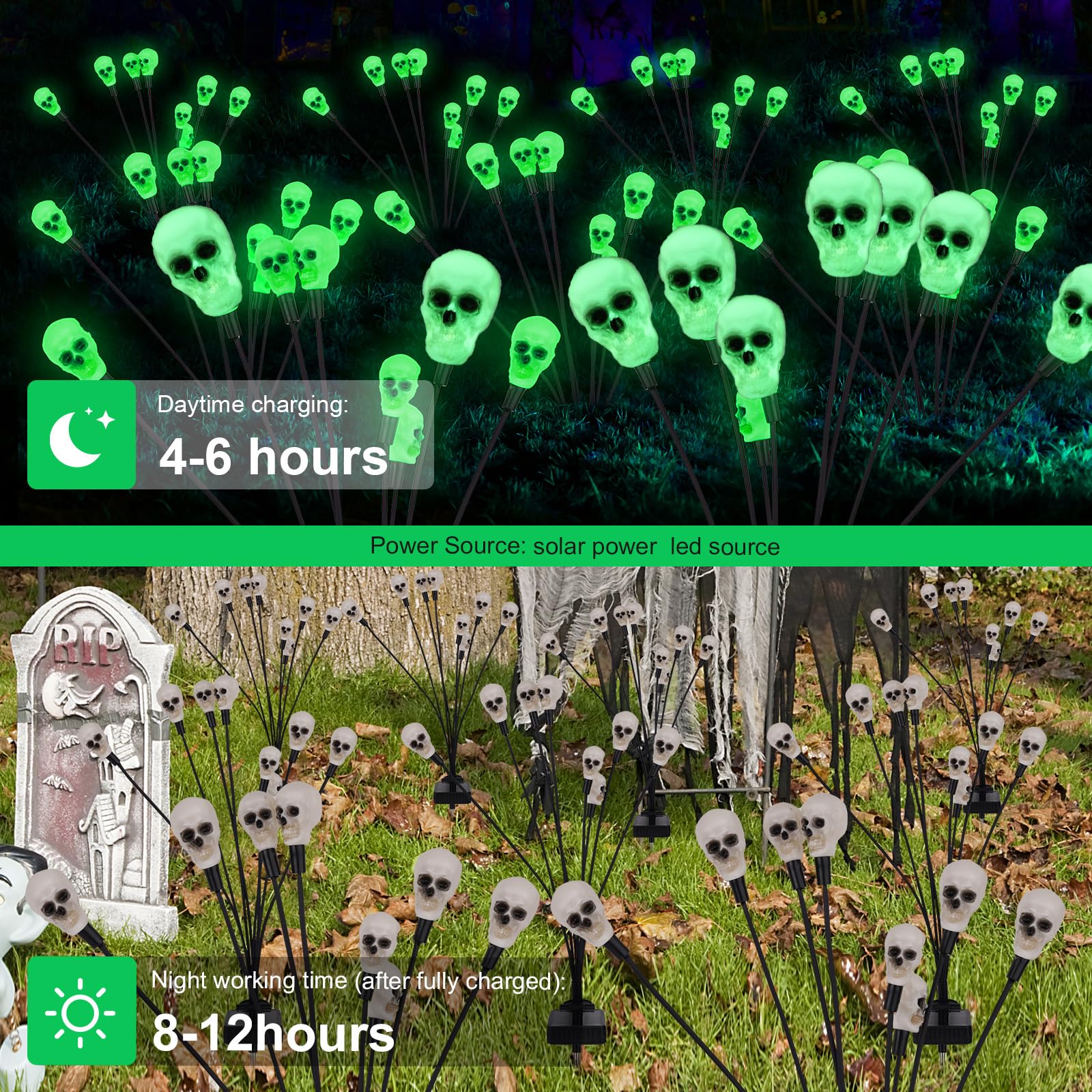2Packs Halloween Decorations Outdoor Scary Solar Skull Lights,16Led Green Skull Swaying Firefly Lights,Waterproof Solar Halloween Path Lights For Yard/Garden/Lawn/Party Decor (Skull)