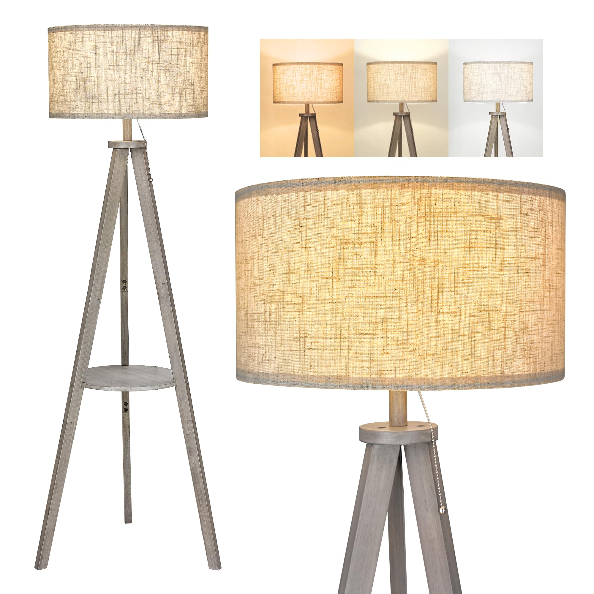 Elyona Tripod Floor Lamp With 3 Color Temperatures Led Blub, Wood Floor Lamp With Table - Farmhouse Tall Reading Standing Light