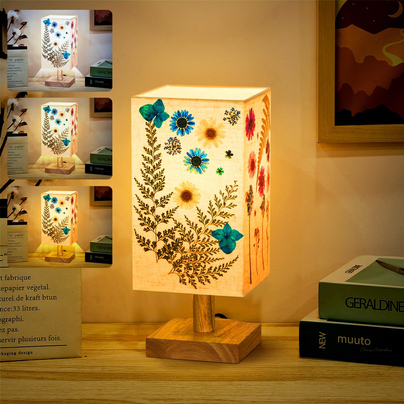 Hortsun Pressed Floral Lamp Bedside Vintage Flower Desk Lamp for Bedroom Living Room, Dorm, Home, Office Decor(1 Pcs,Square Styl