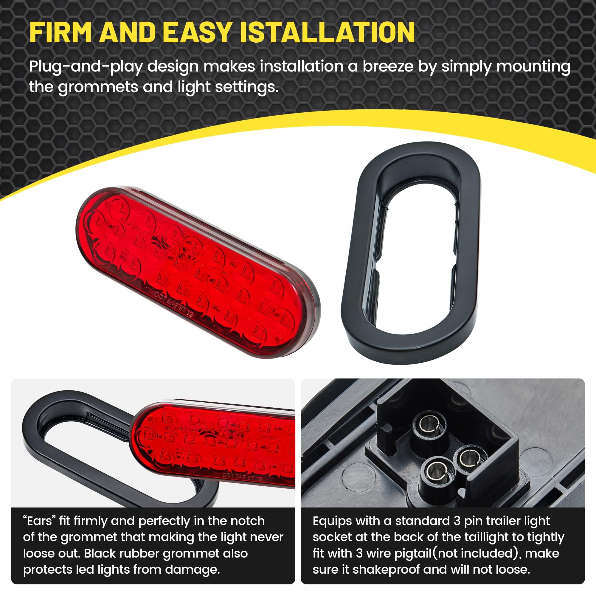 Oyviny 6 Inch Oval Red Led Trailer Tail Lights 2Pcs, Super Bright 24Leds Oval 6&quot; Brake Turn Stop Tail Lights With Flush Mount Grommets Dot Sae Certified For Rv Truck, Bus, Trucks