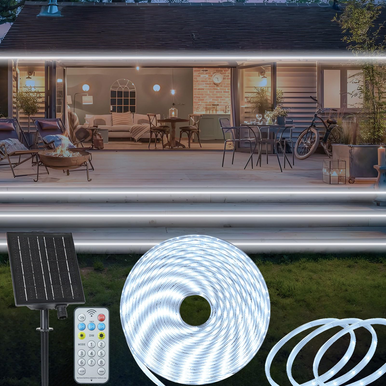 ZAIYW Solar LED Strip Lights, 32.8ft, IP68 Waterproof, Timer Remote, Cool White, Model Solar-10MStrip